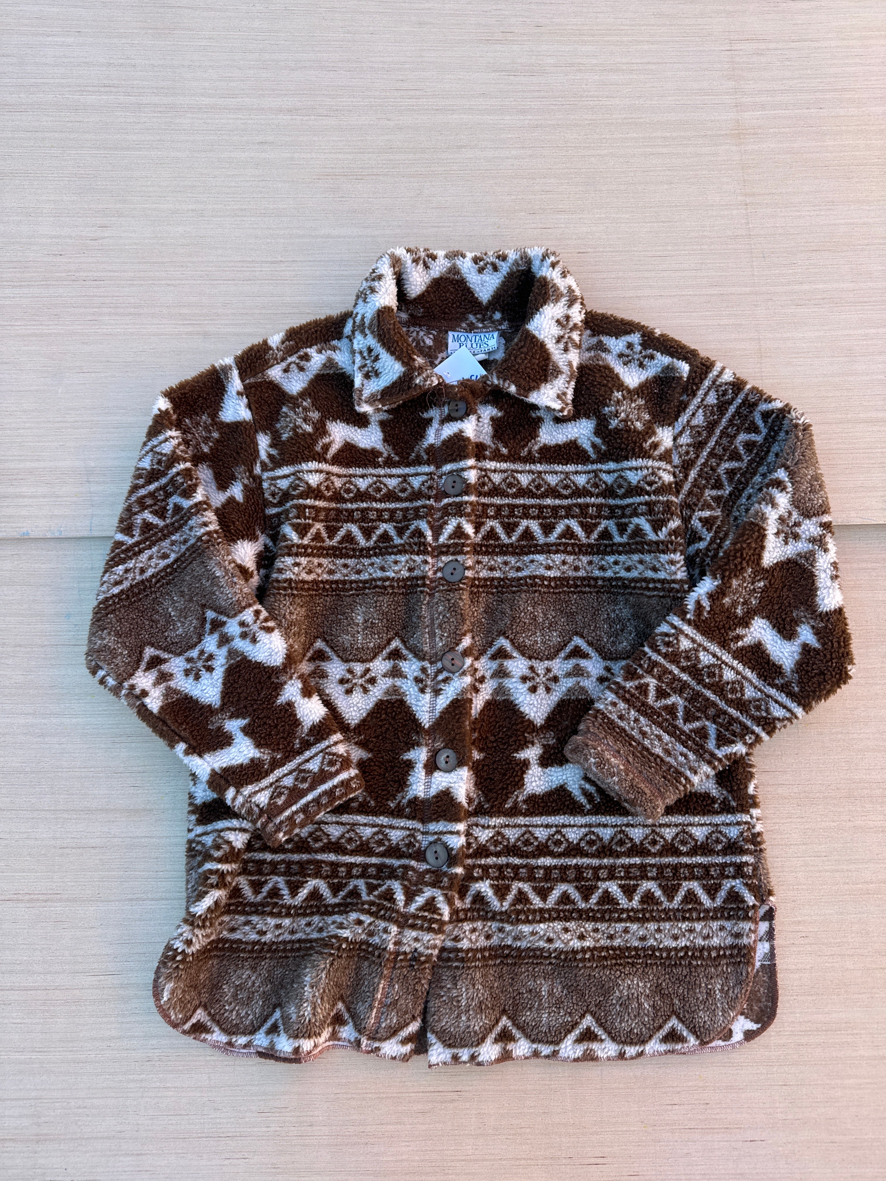 brown white montana blues fuzzy button down size S