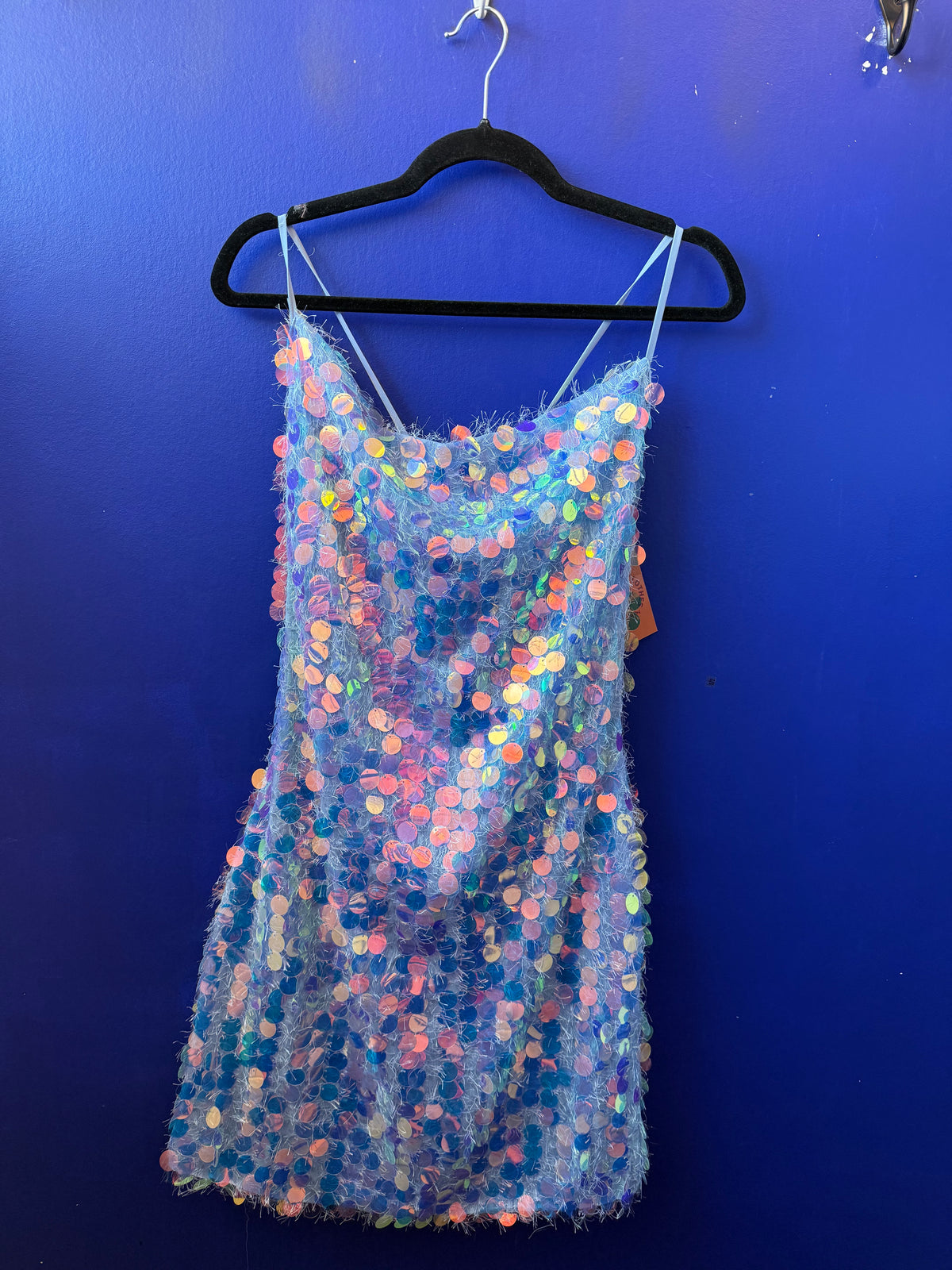 blue invitee sequined furry cami mini dress, L