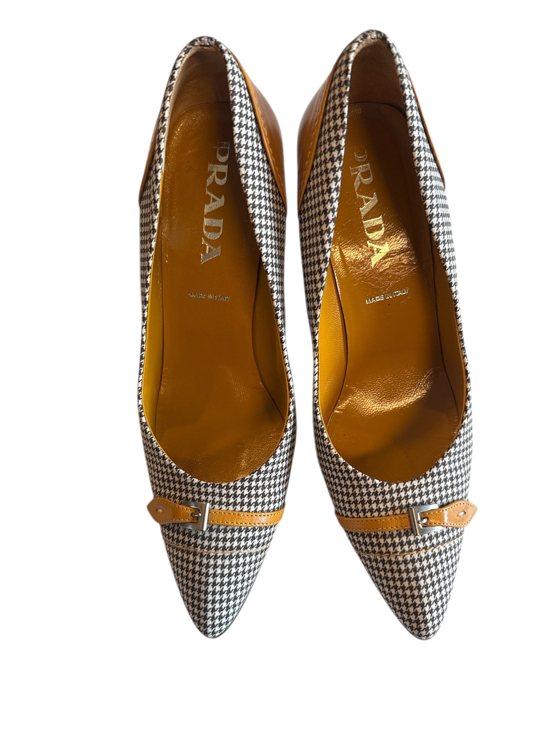 brown prada houndstooth buckle heels, 37 (fits like 7, runs narrow)