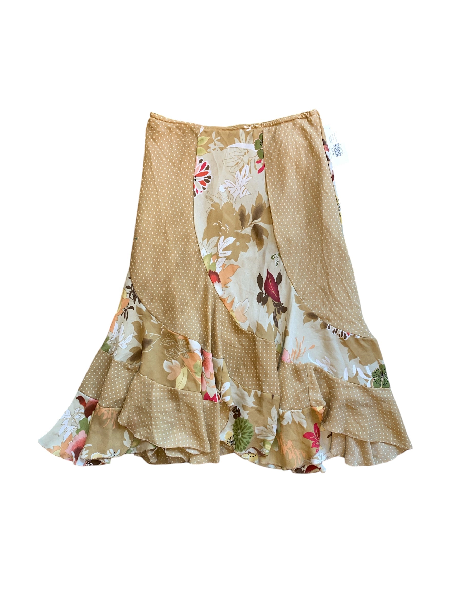 brown multi funky flowy midi skirt, fits s/m