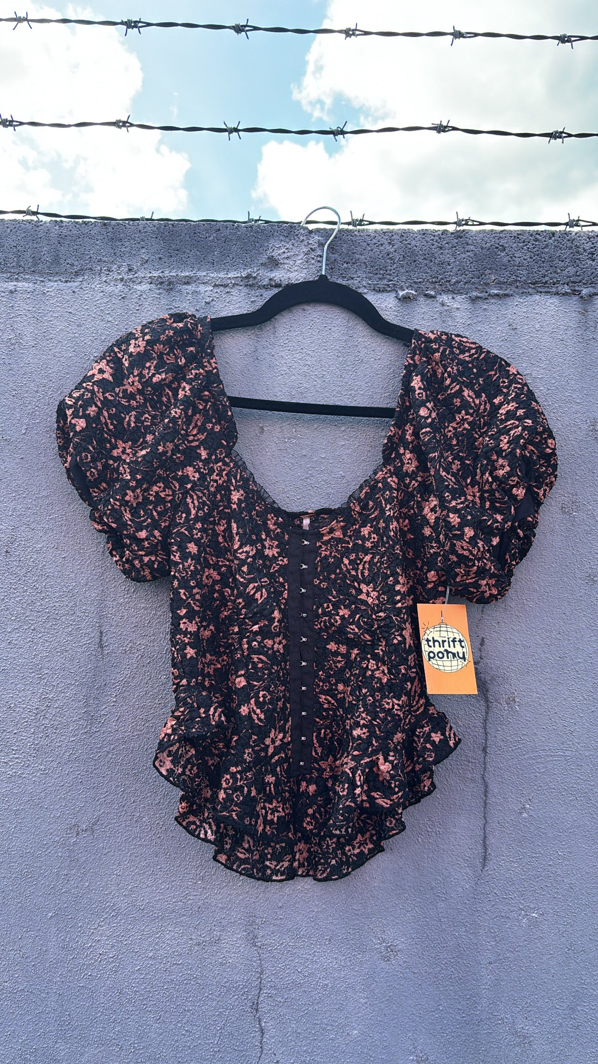 black pink free people floral lace ruffle top, s