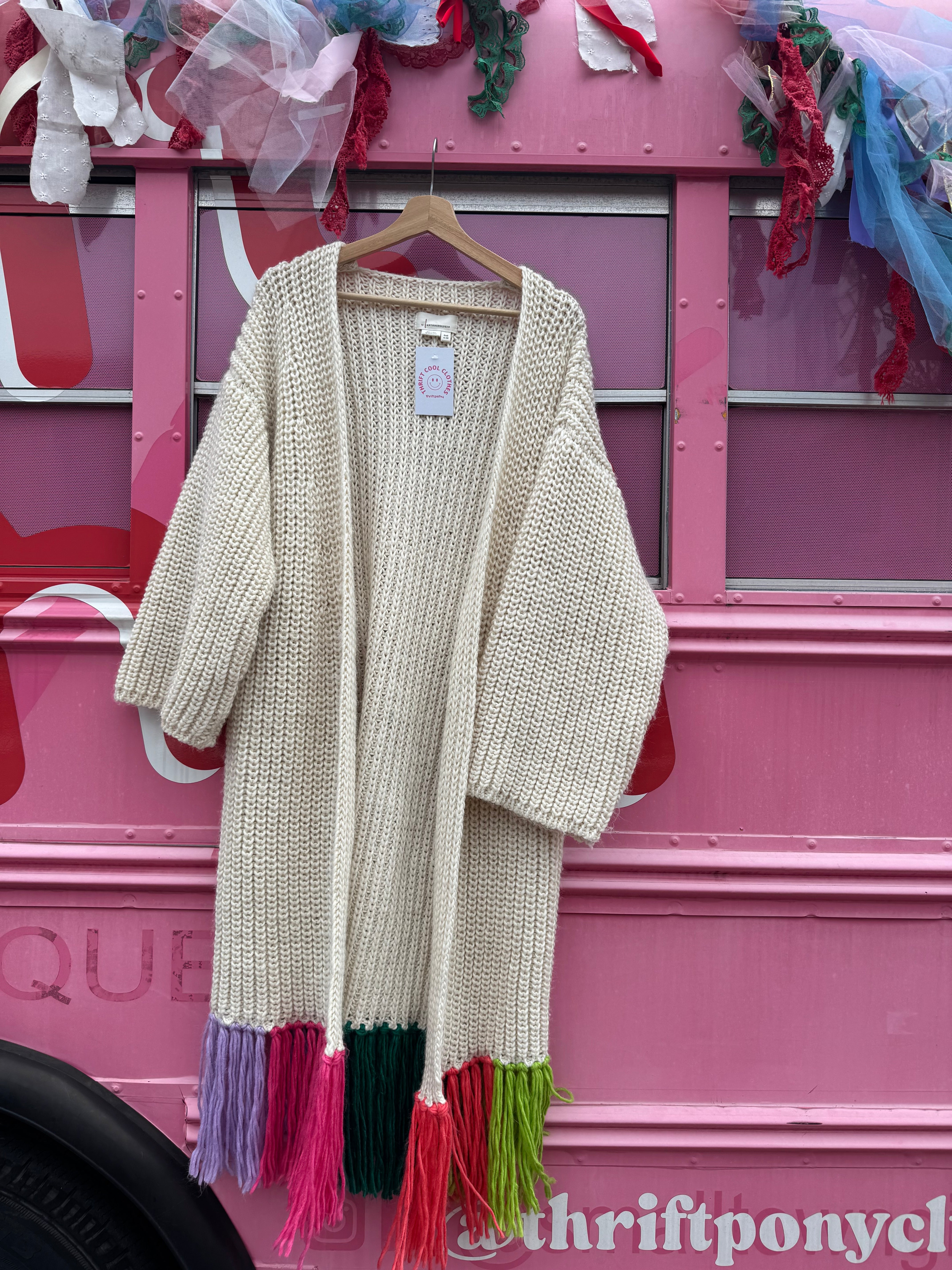 cream pink blue anthropologie long thick cardigan w fringe, osfm