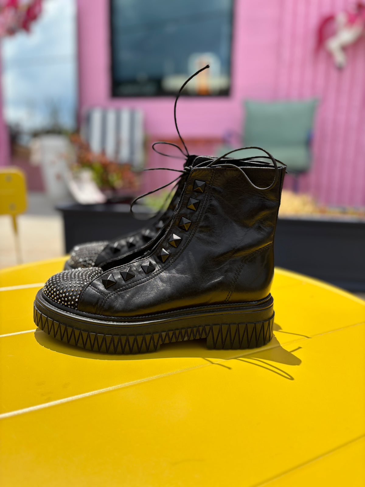 black Schutz bedazzled boots, 7.5