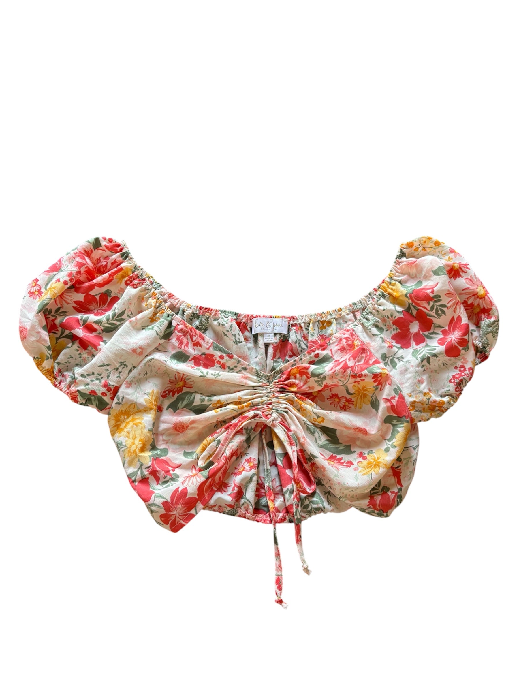 white pink green love & pieve floral ruch crop blouse, m