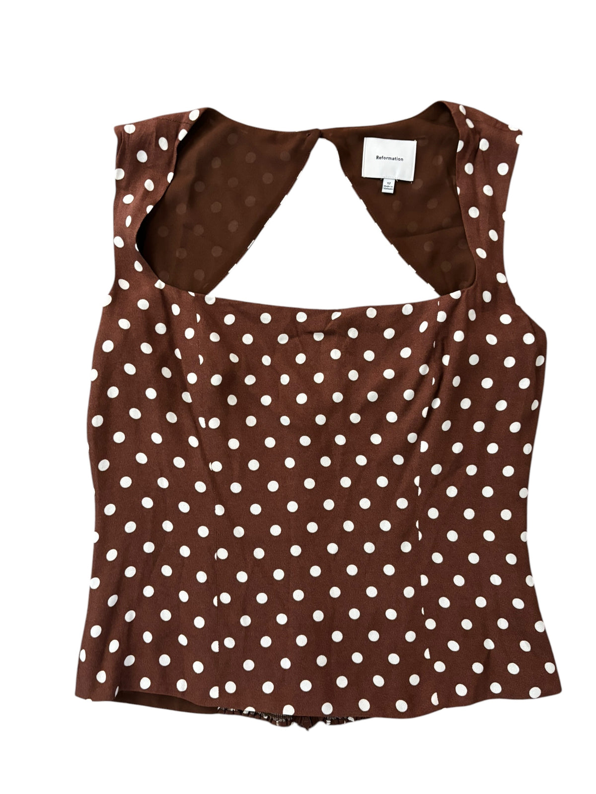 brown white reformation polka dot square neck top, 12
