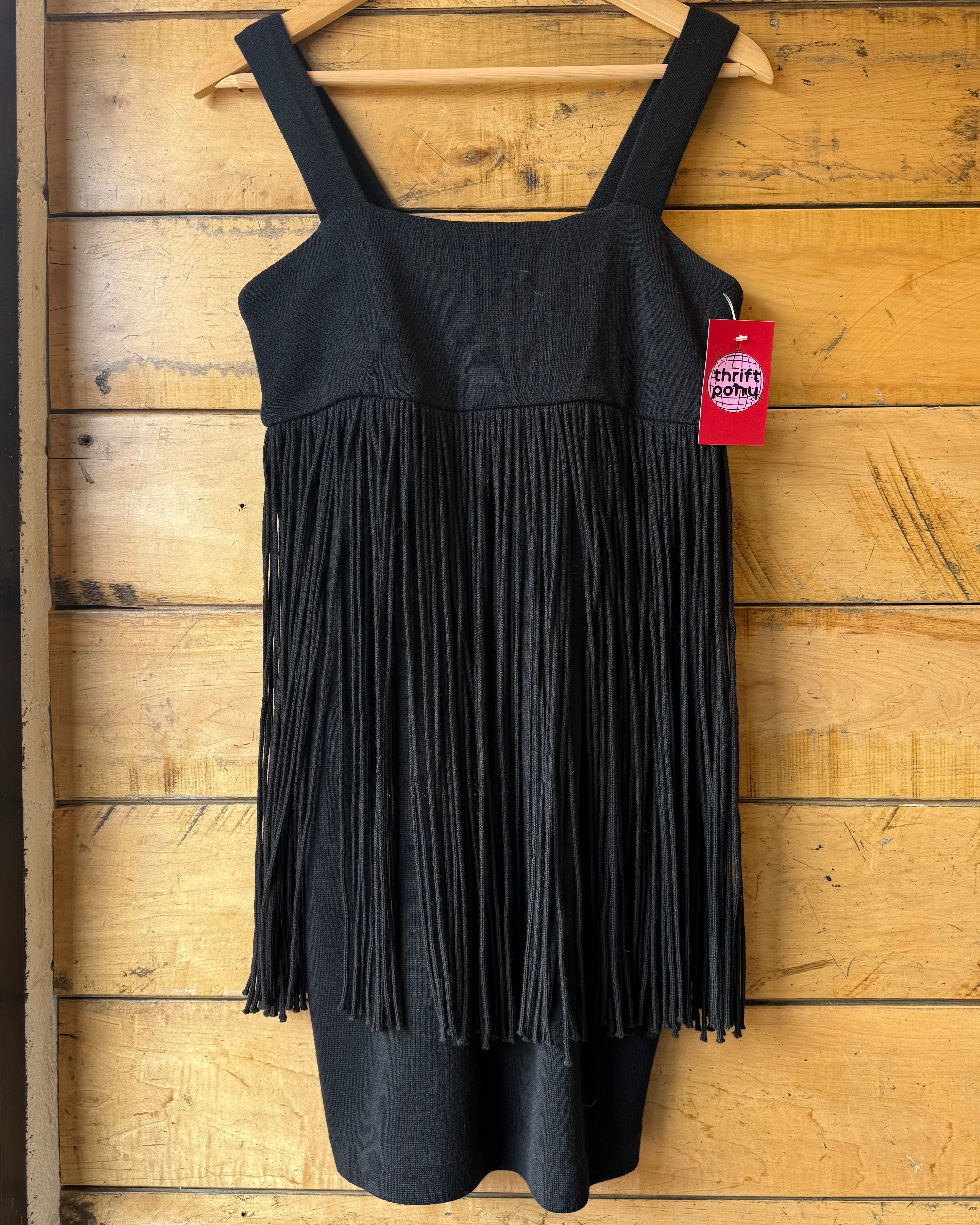 black andrea jovine petite 100% wool fringe dress, s