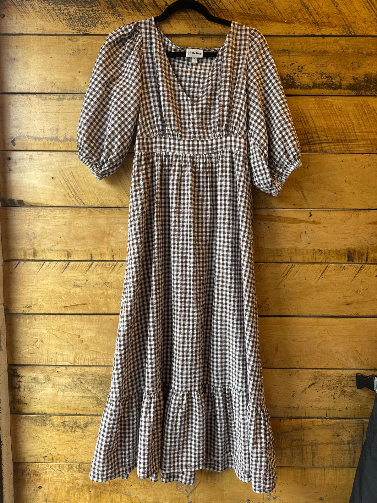 White brown The Drop Gingham puff sleeve maxi dress, S