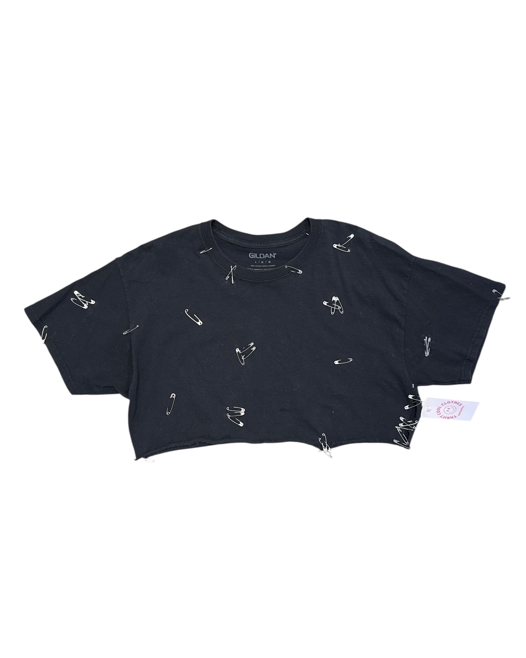 black gildan safety pin ss crop top, L