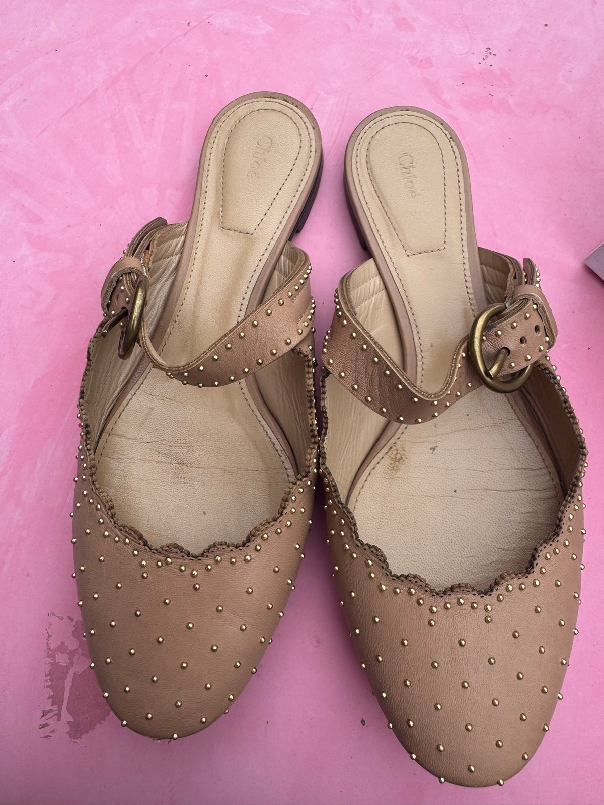 tan gold chloe studded slip on mary jane flats, 36.5