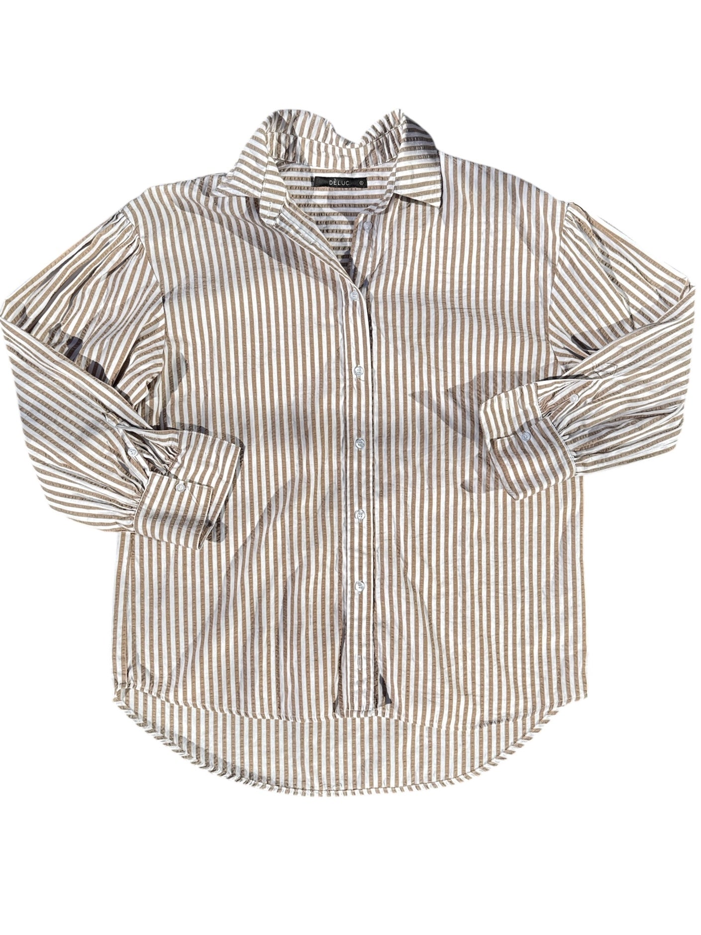 brown white deluc gauzy striped button down, s