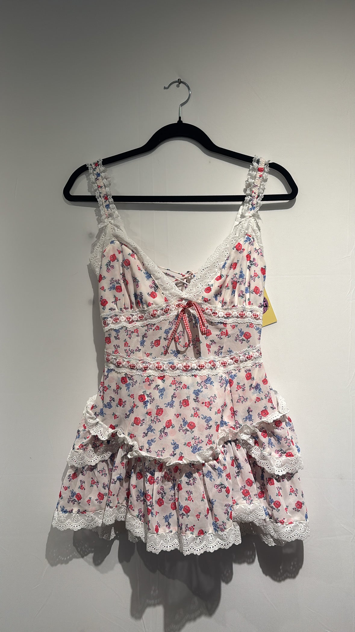 white pink blue for love and lemons floral eyelet dress, m