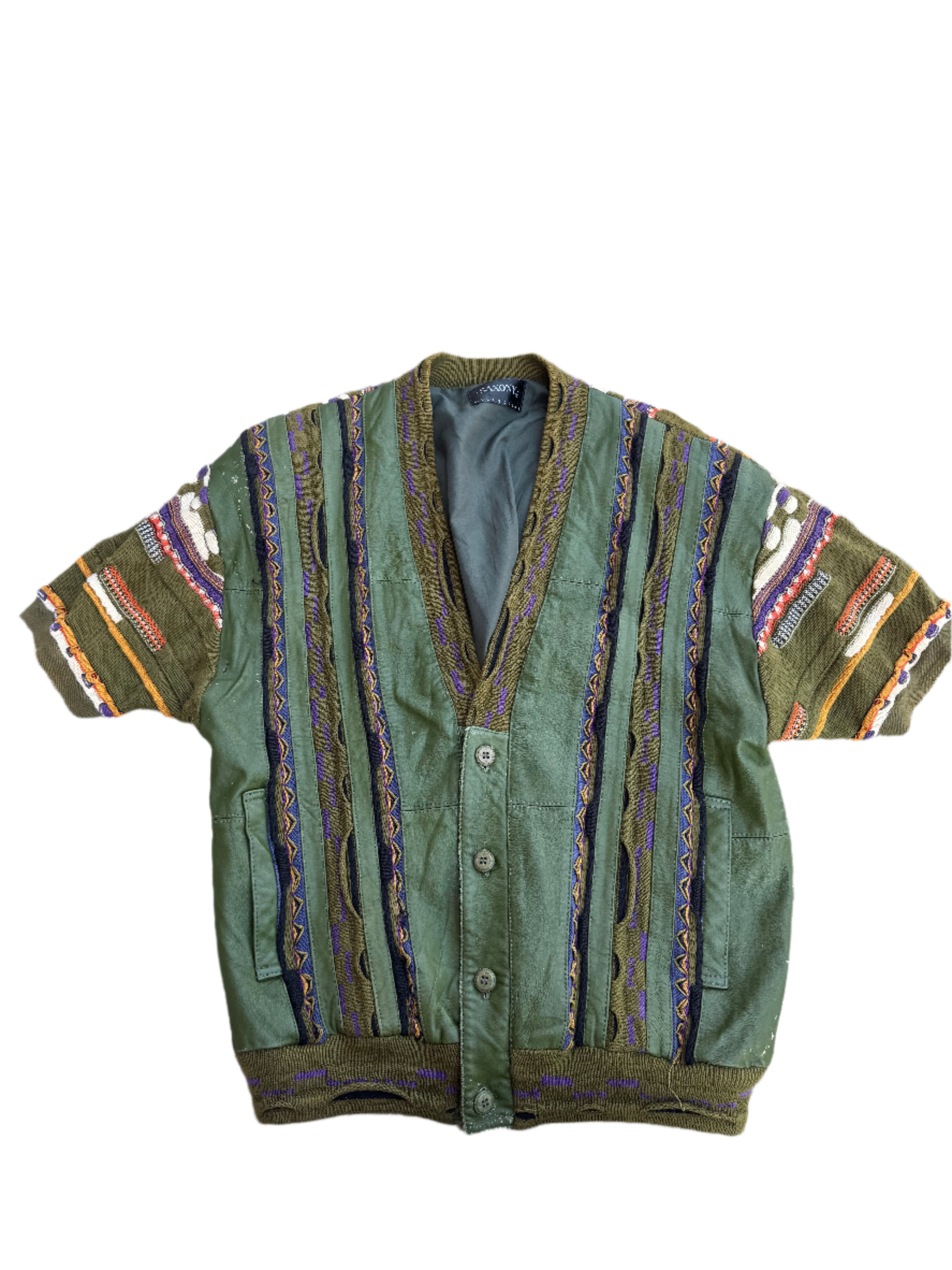 green saxony knit leather ss coat, L
