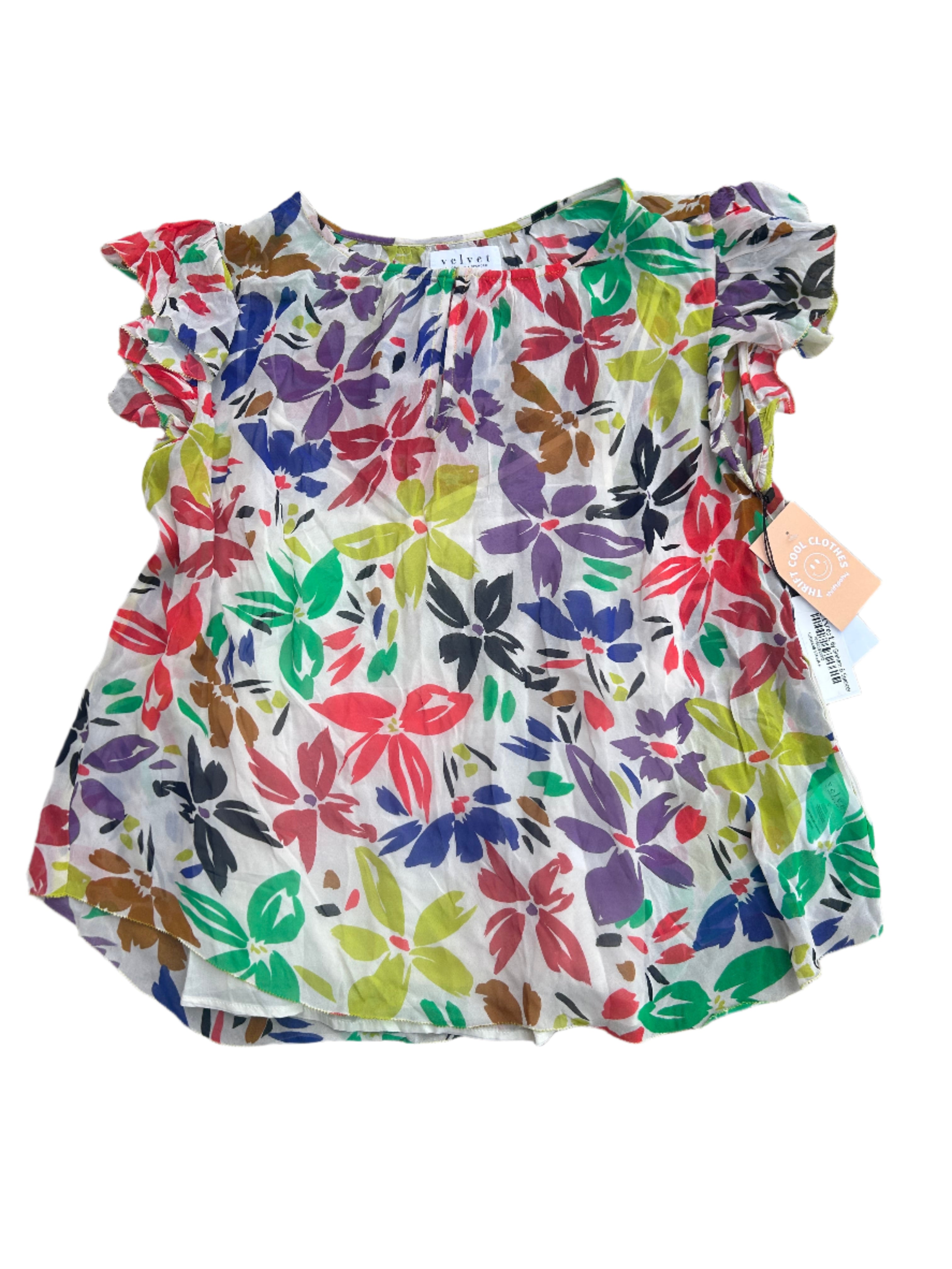 white green velvet NWT sheer floral top, L