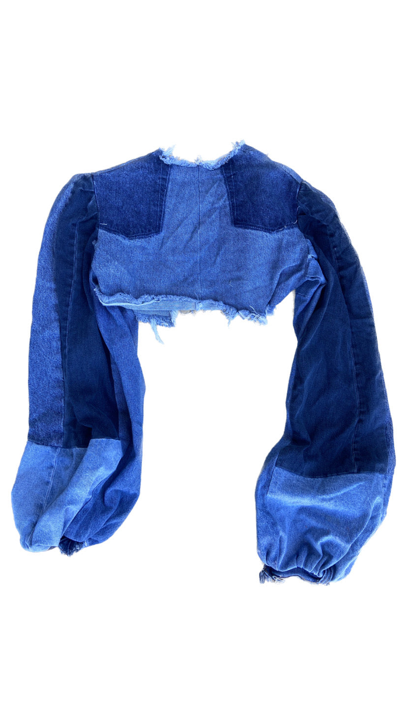 The Kinah Kreative handmade upcycled puff sleeve cropped denim jacket, xs-m