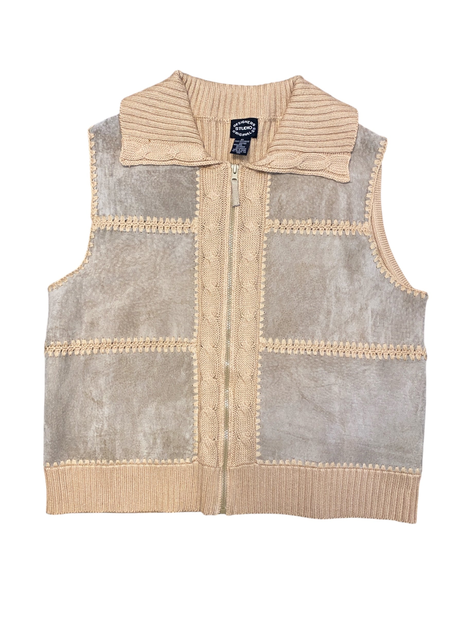 tan designer studio originals leather color block cable knit vest, XL