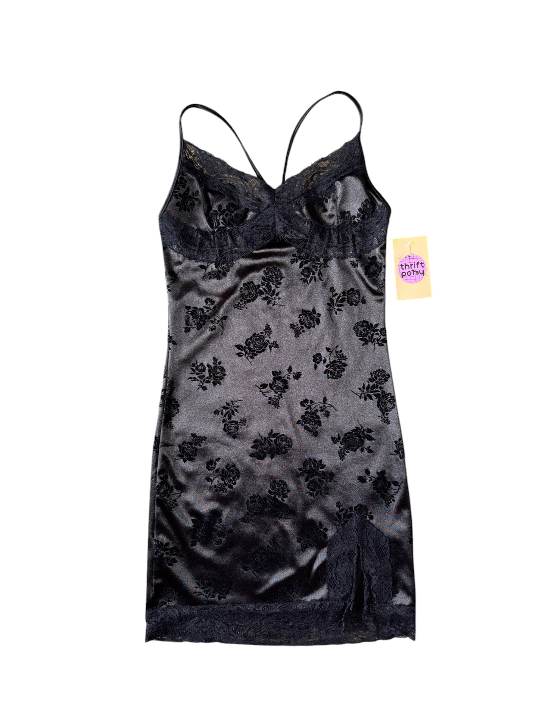 black motel rose embroidered cami mini dress, s
