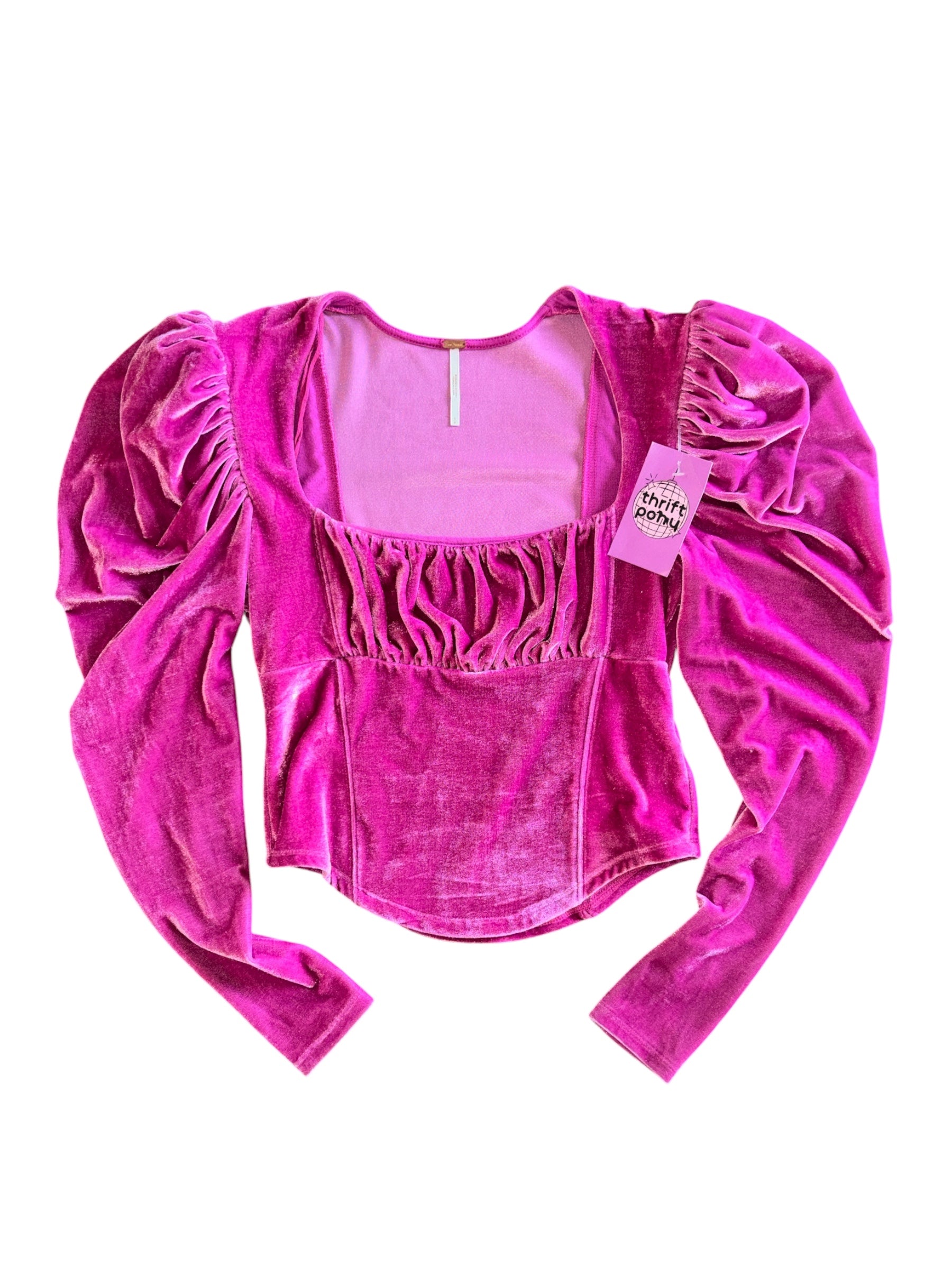 magenta free people velour puff sleeve top, s