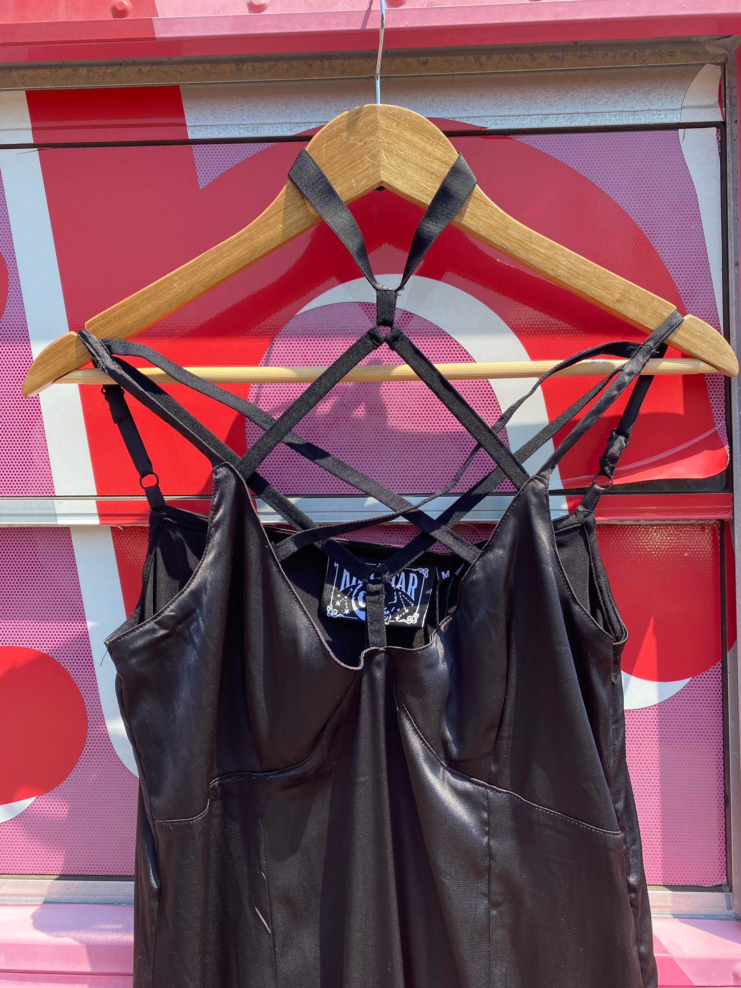 black killstar nwt satin strappy neck dress, m