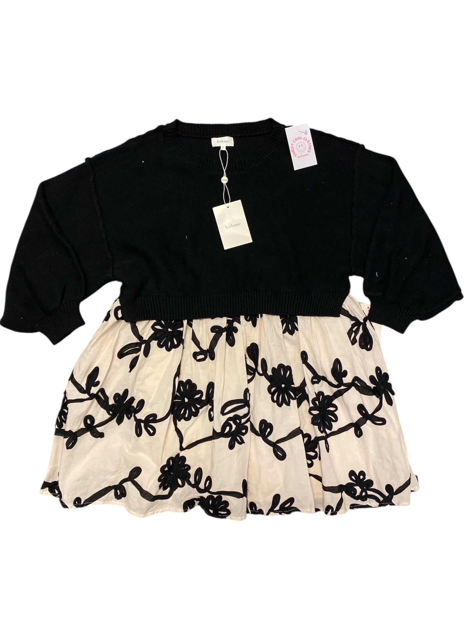 black cream bohme bow sweater mini dress, s