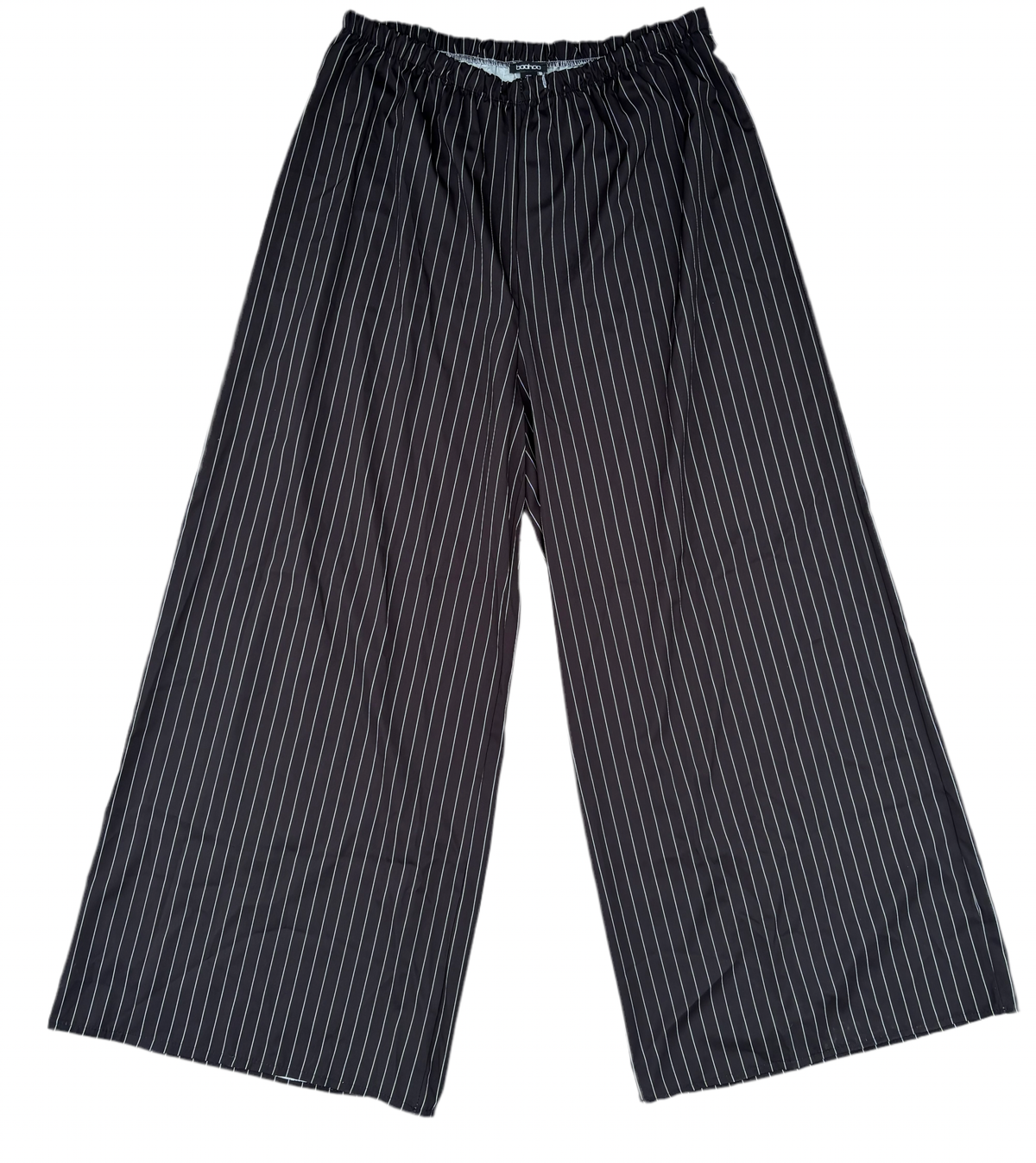 black boohoo pinstripe elastic pants, 18