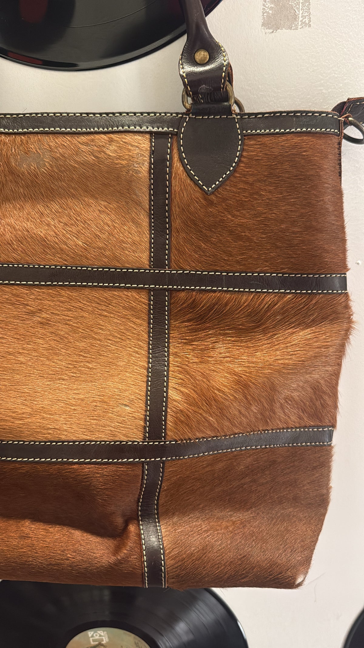 brown cowhide patchwork tote