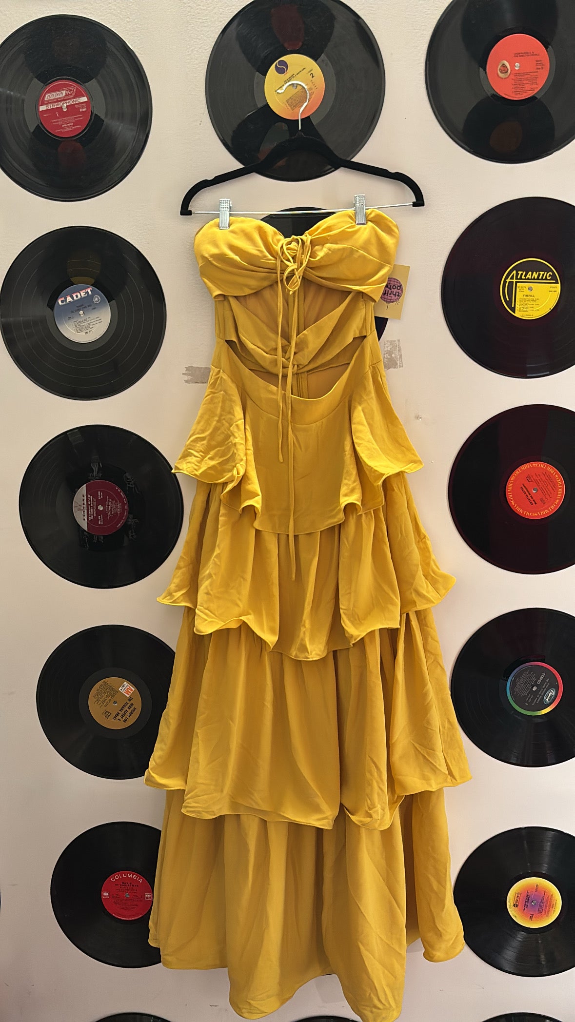 yellow fashion nova cutout ruffle dress, M