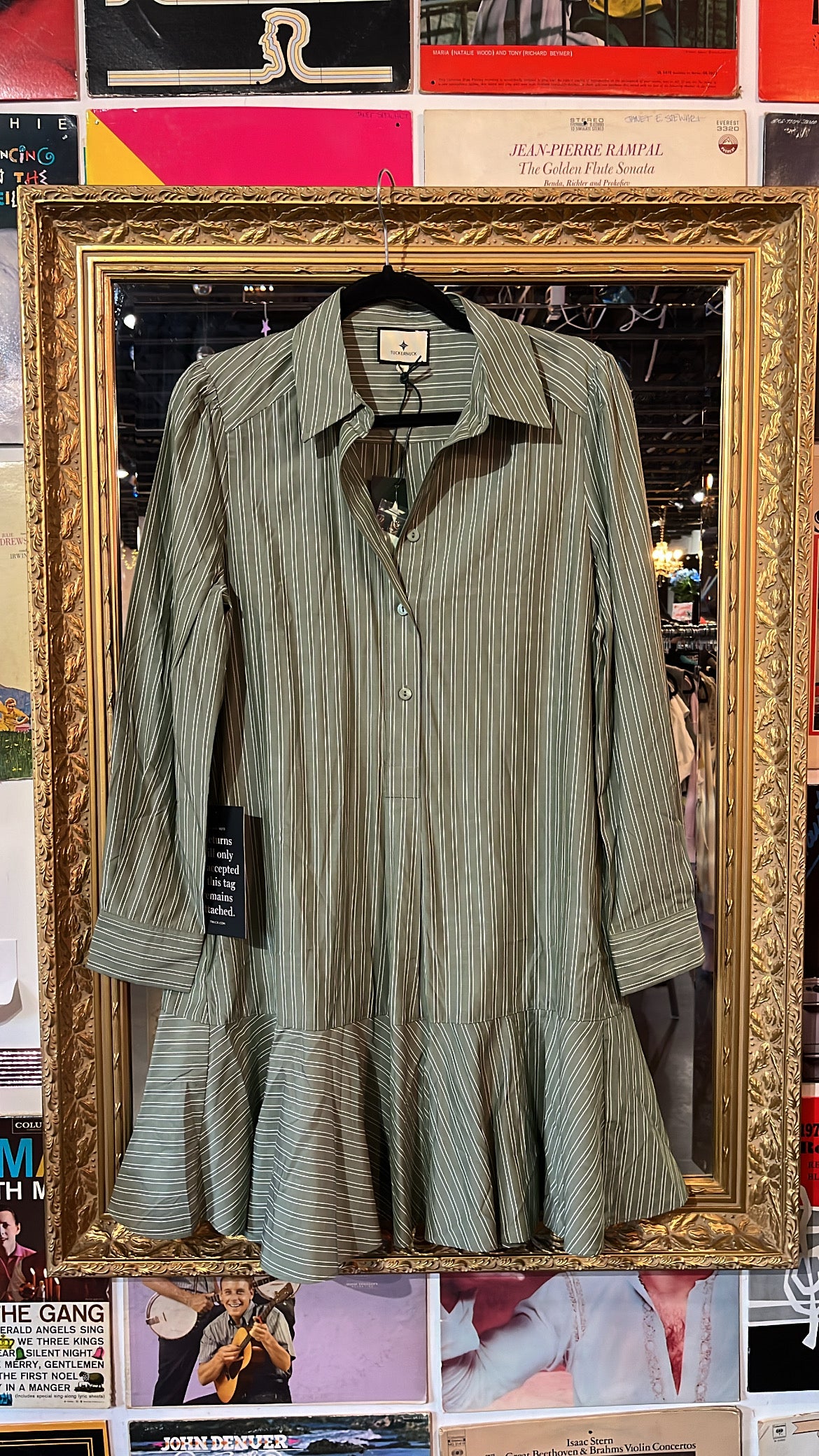 green white tuckernuck striped collared ls dress, s