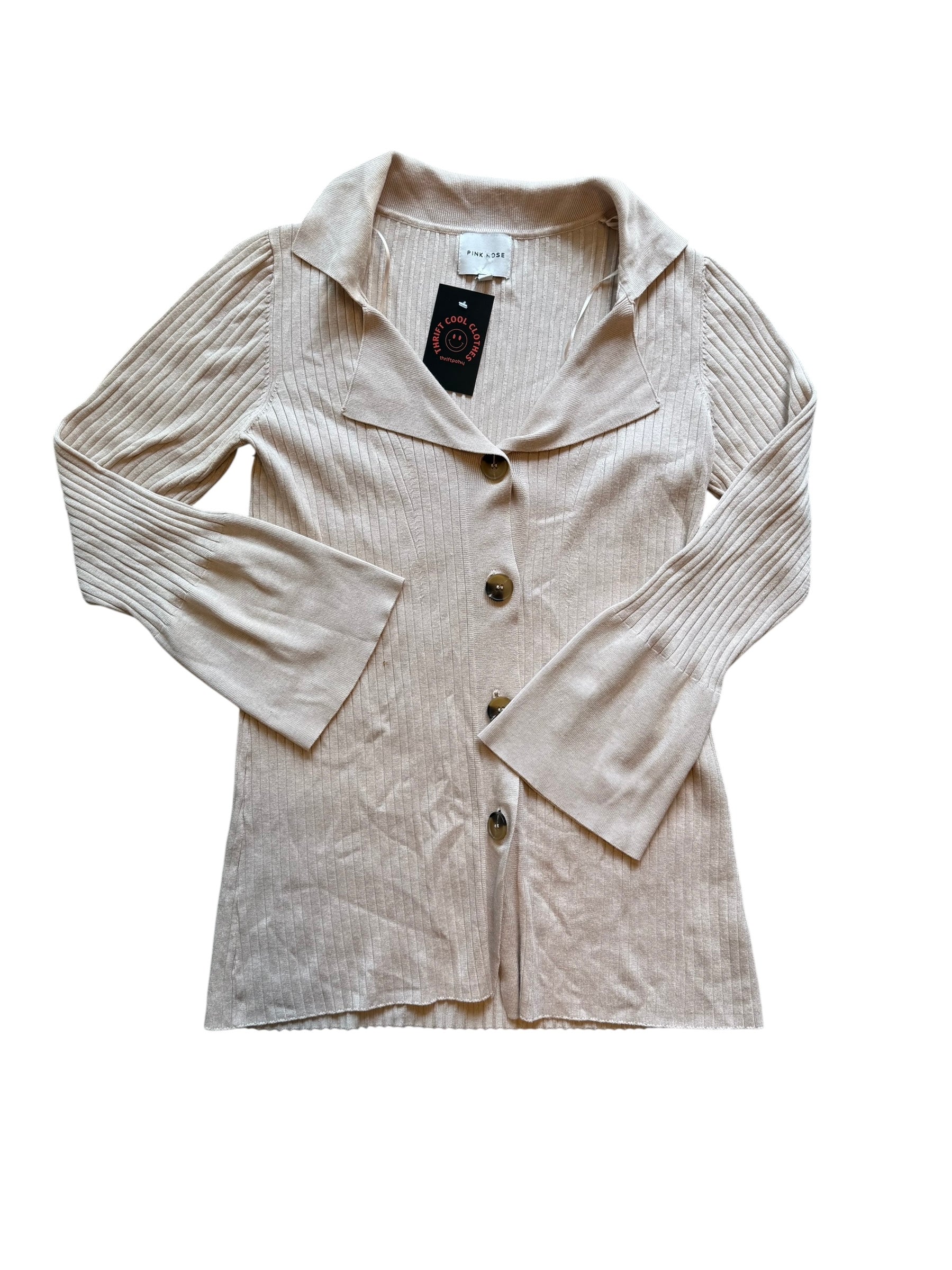 beige pink rose ribbed collared top, m