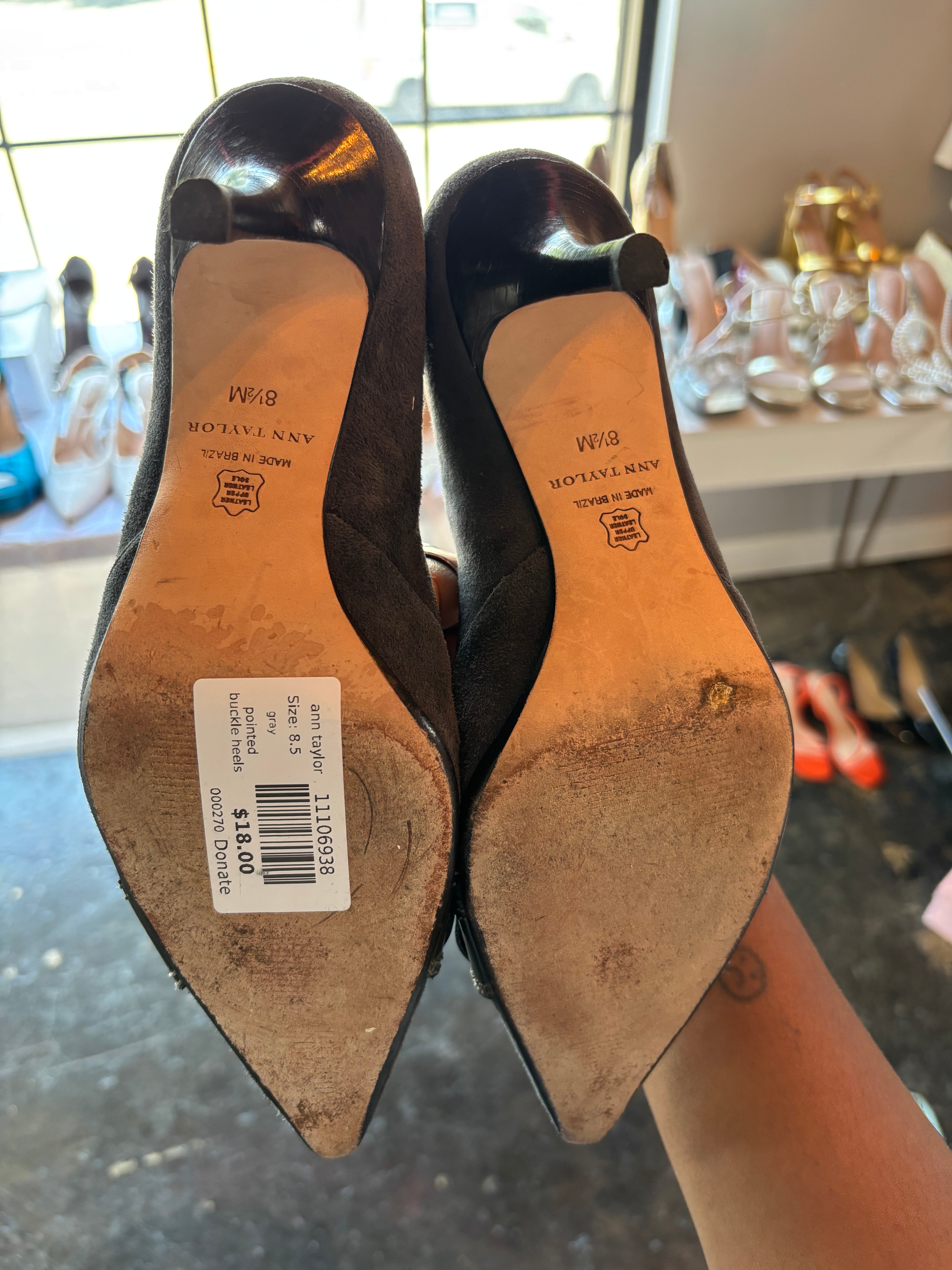 gray ann taylor pointed buckle heels, 8.5