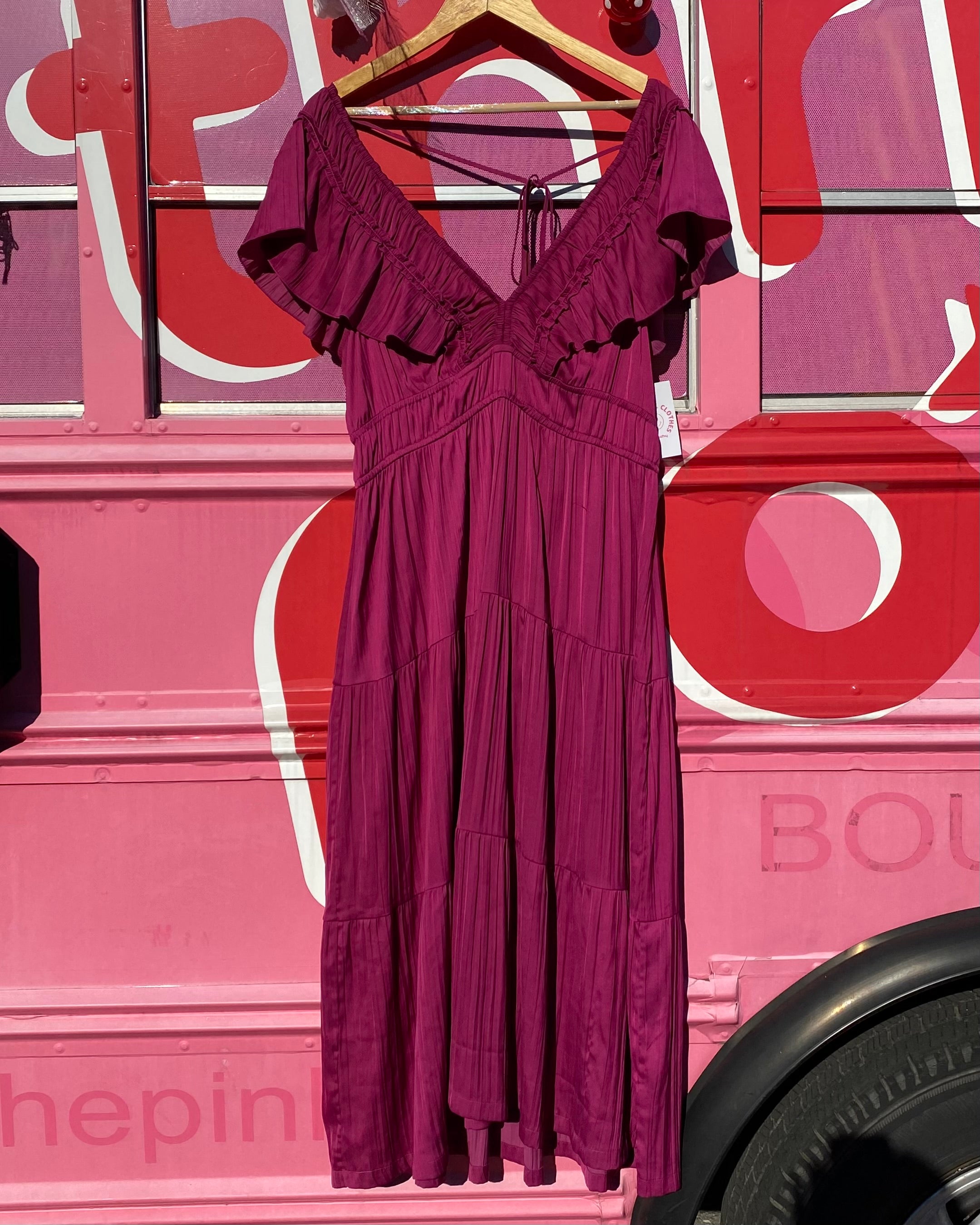 magenta anthropologie satin v neck dress, L