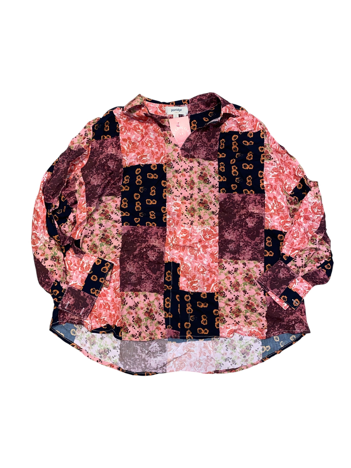 pink orange porridge Patchwork collared ls top, S