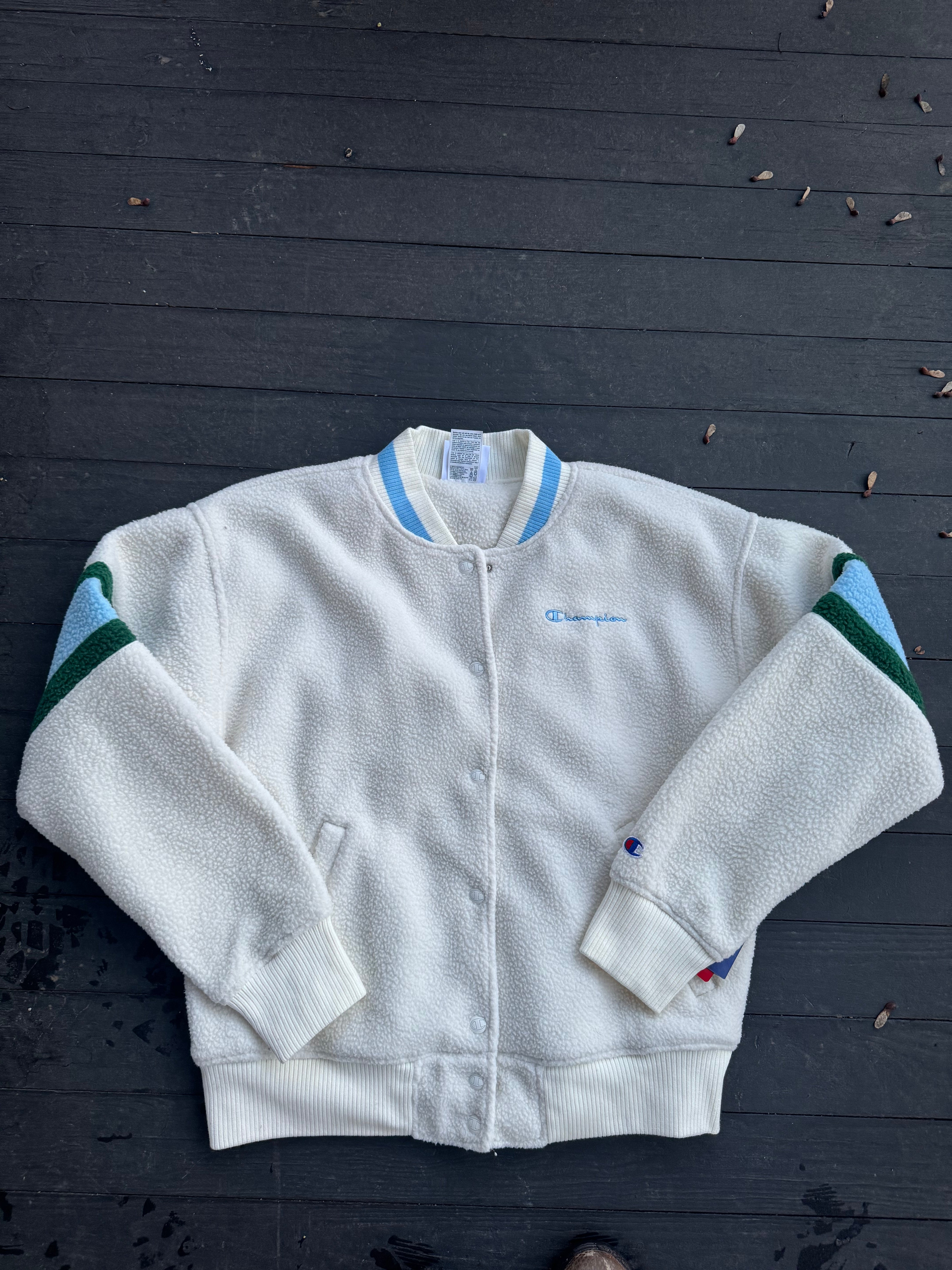 blue white champion fleece sherpa bomber varsity jacker, m