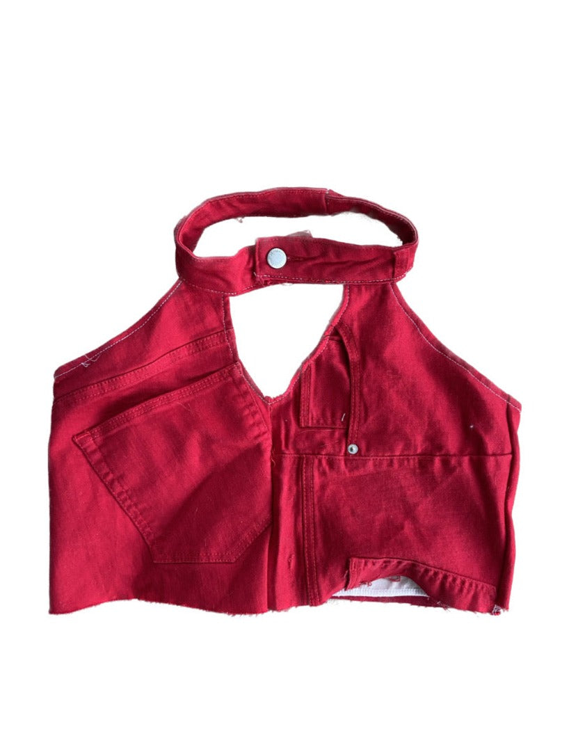red handmade upcycled denim cropped halter top, M