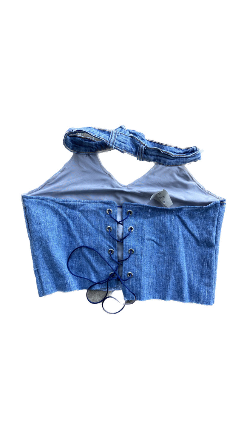 light blue handmade upcycled denim cropped halter top, S