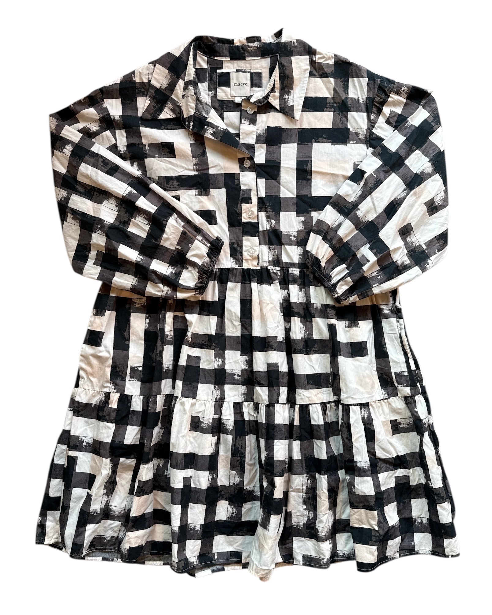 white gray black maeve square print collared dress, m