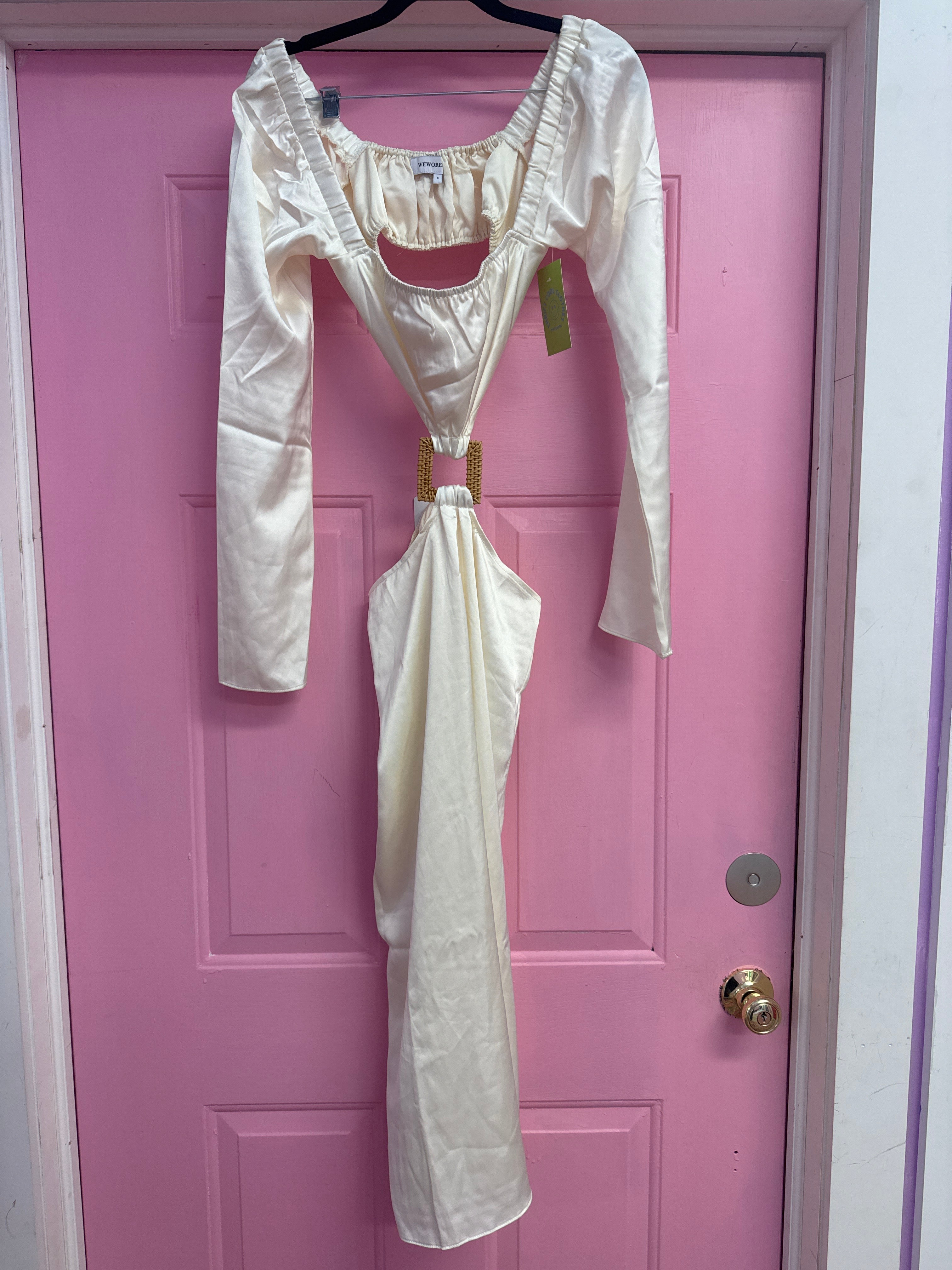 cream weworewhat satin ls cut out long dress, s