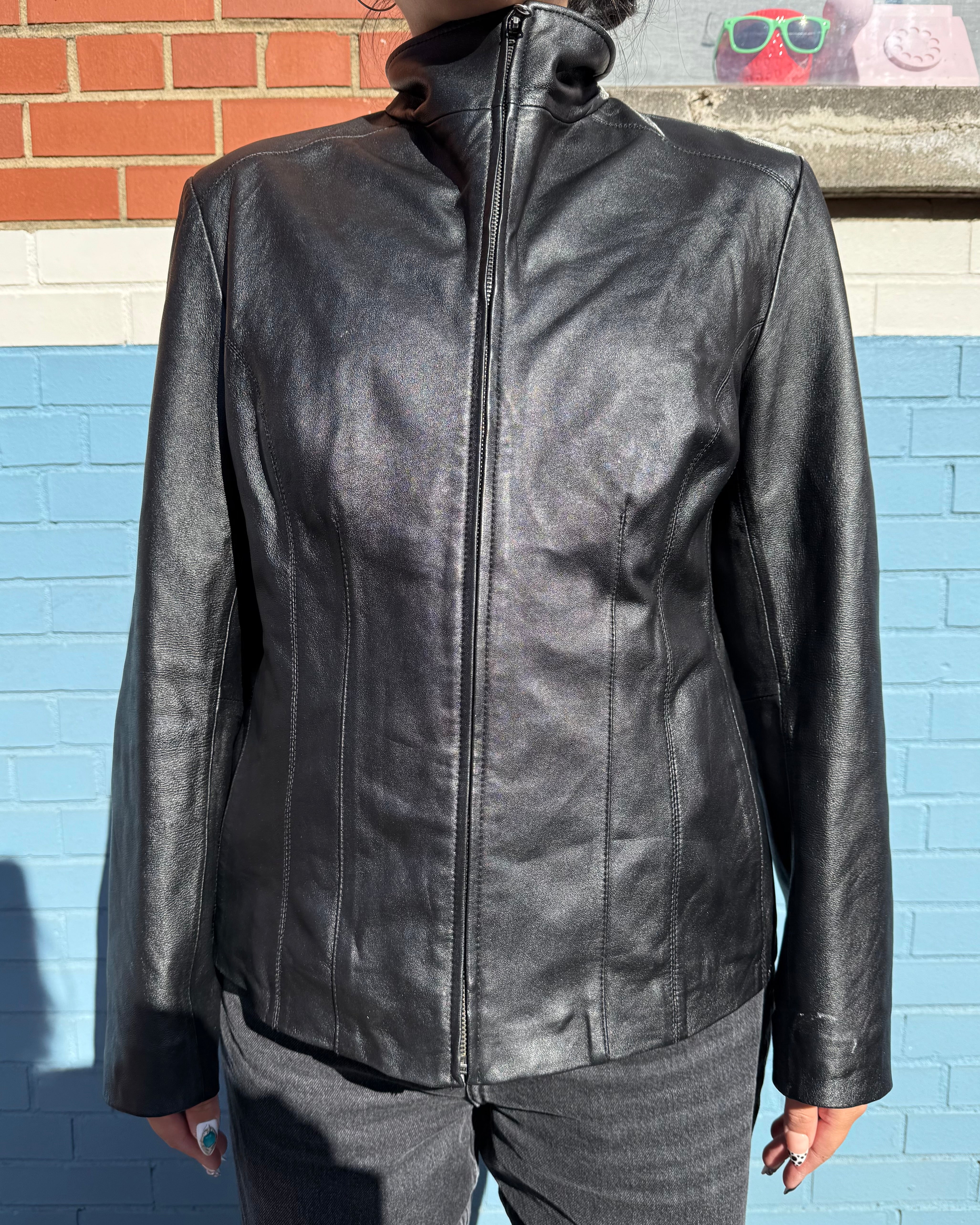 black nine west zip up leather jacket, L