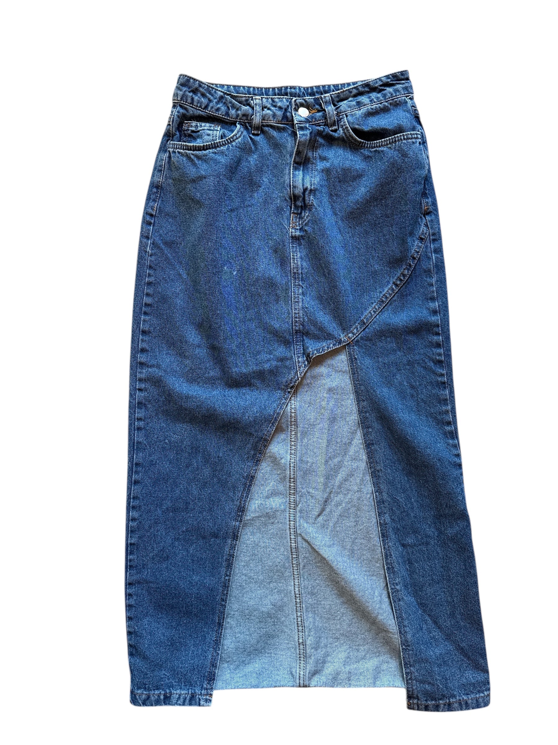 med wash cut out denim midi skirt, 27w