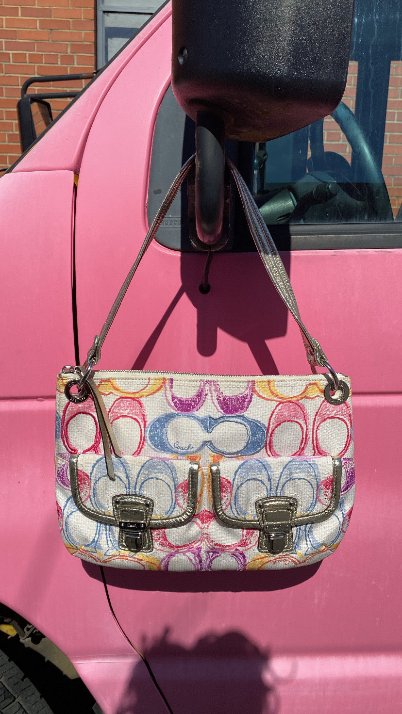 pink cream yellow blue multi coach poppy signature 19030 scribble print crossbody