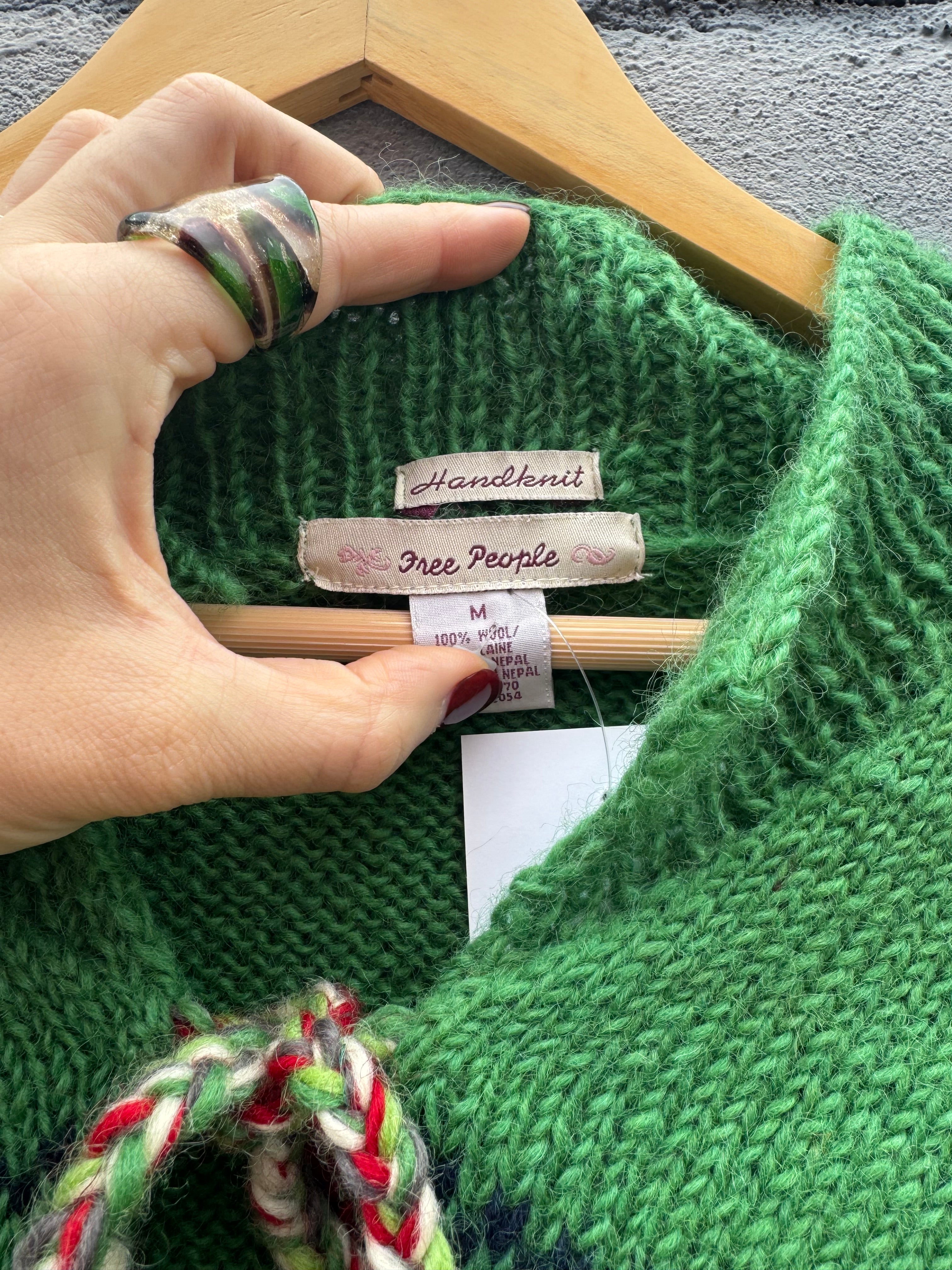 green free people knit wool 100% sweater, m fits like s