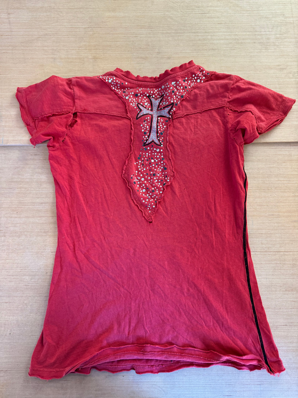 red affliction branded top w bedazzled shoulders, s