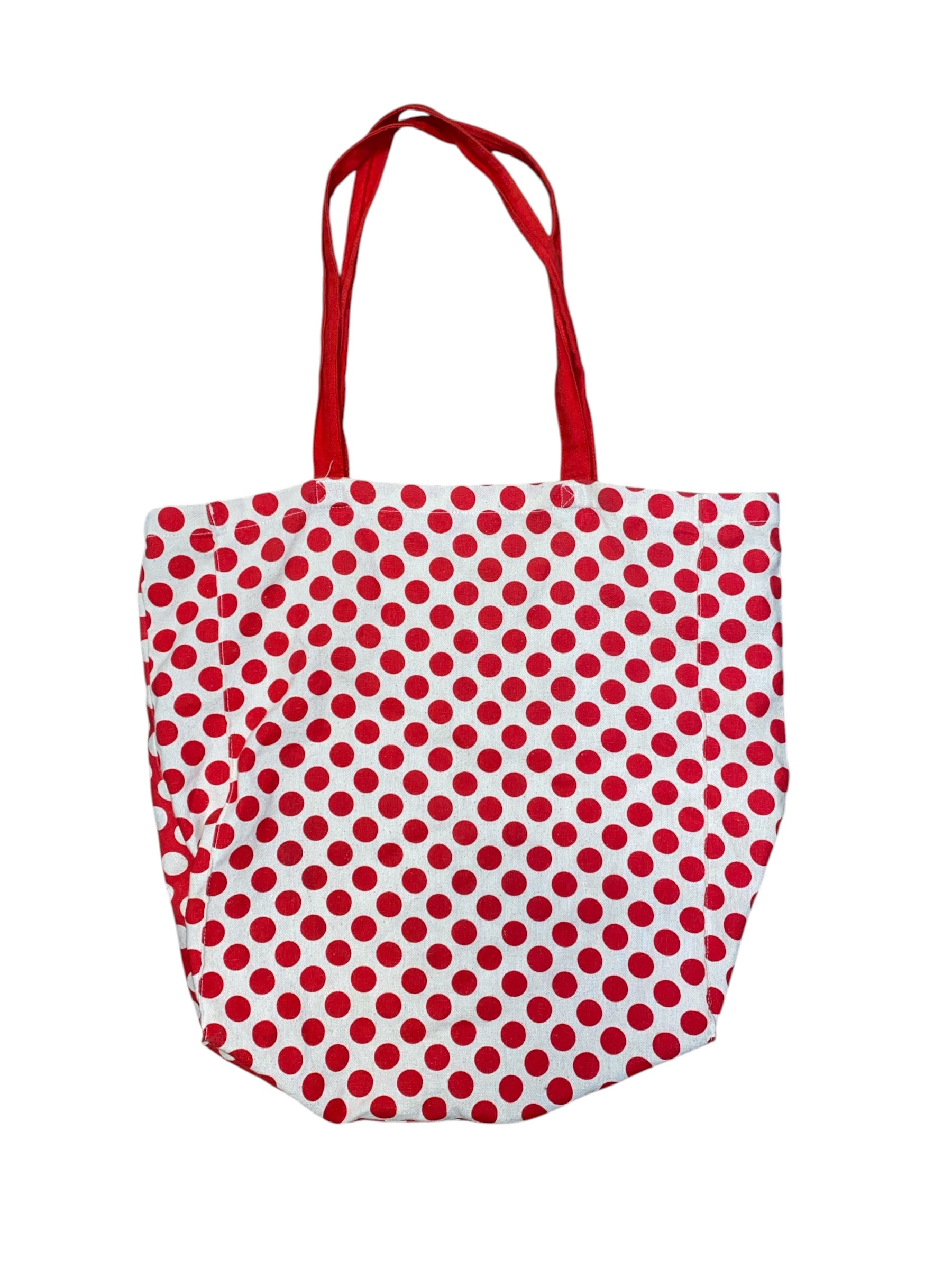 red cream polka dot tote bag