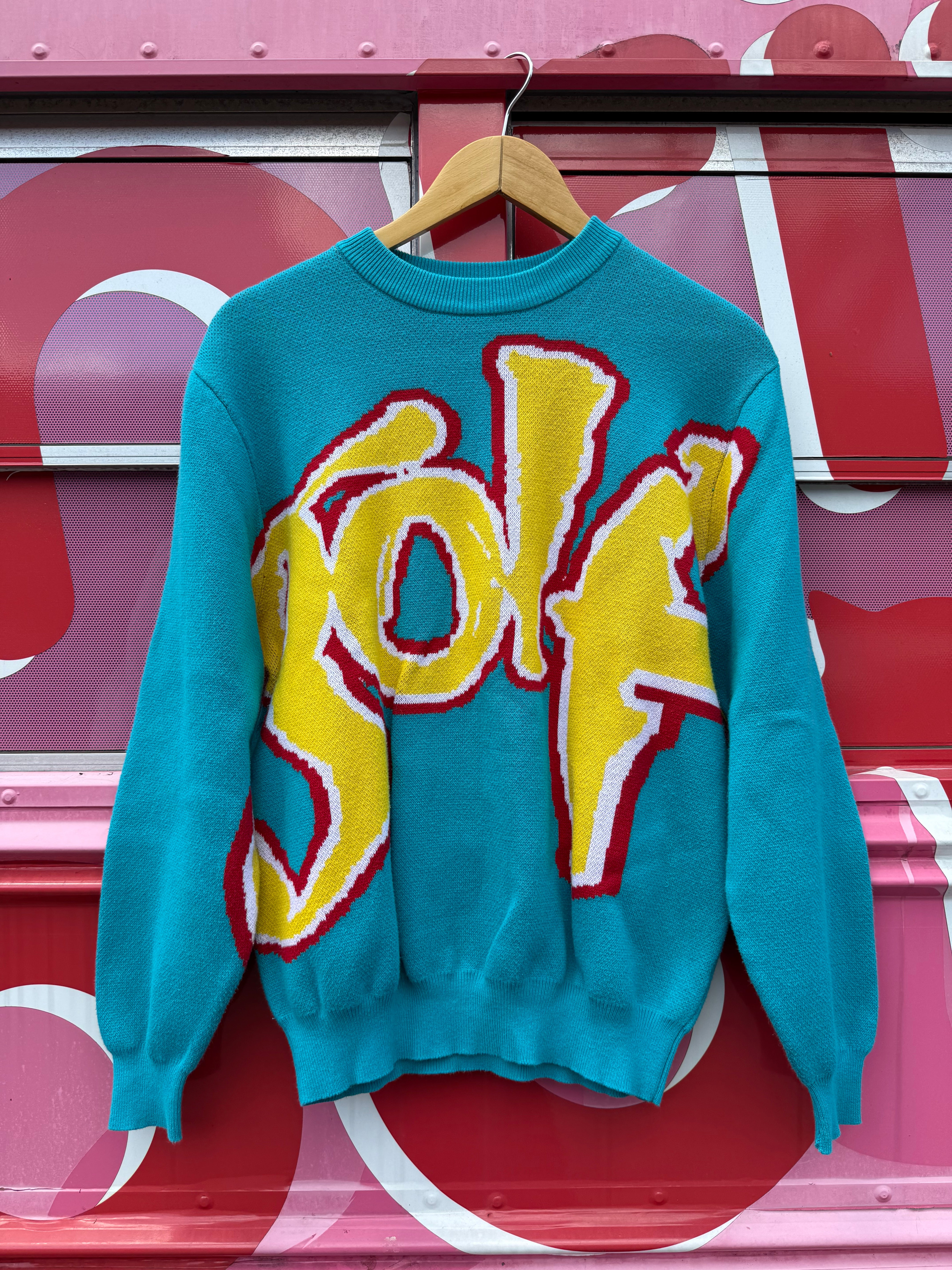 teal yellow red golf branded sweater, s