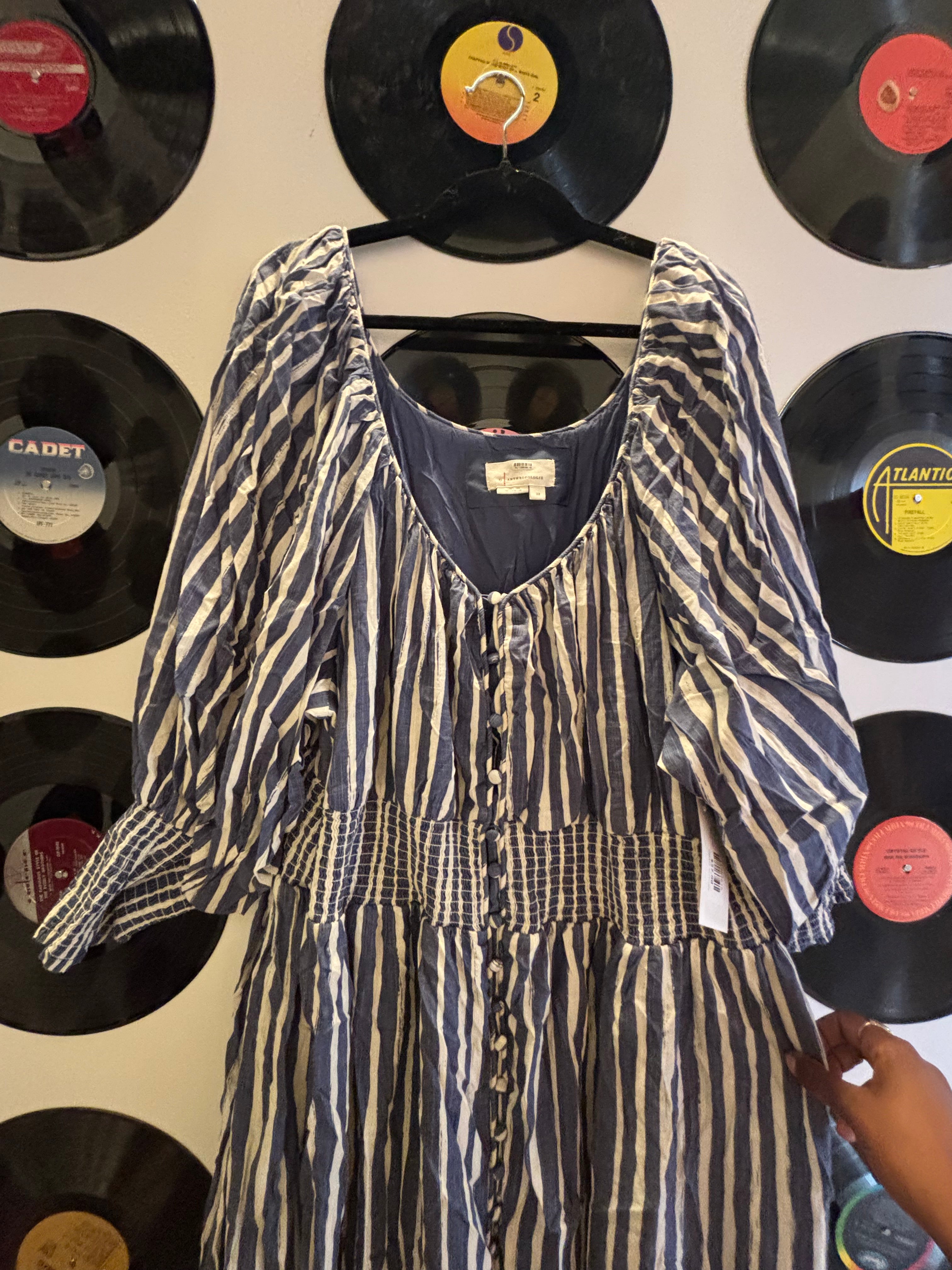 blue white Anthropologie striped flowy dress, 3x
