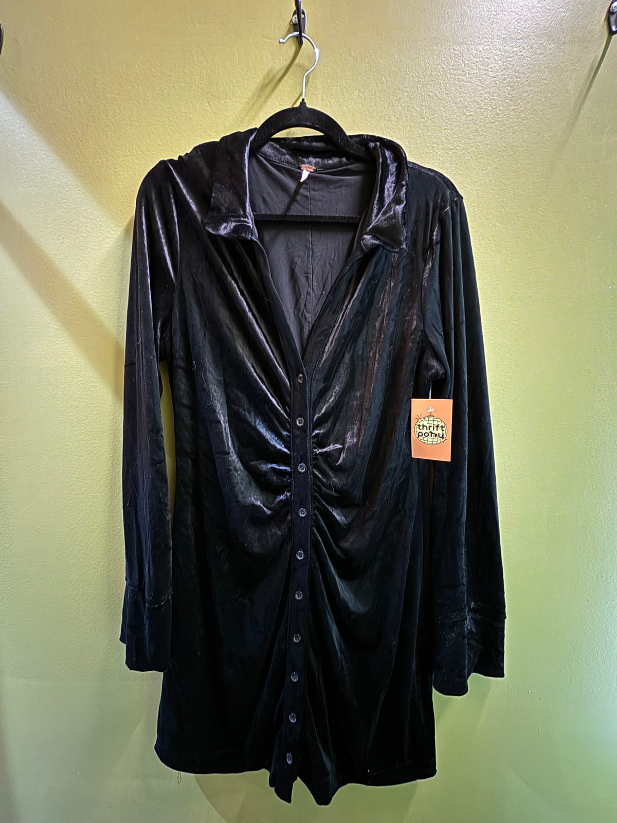 black free people velour collared ls mini dress, XL