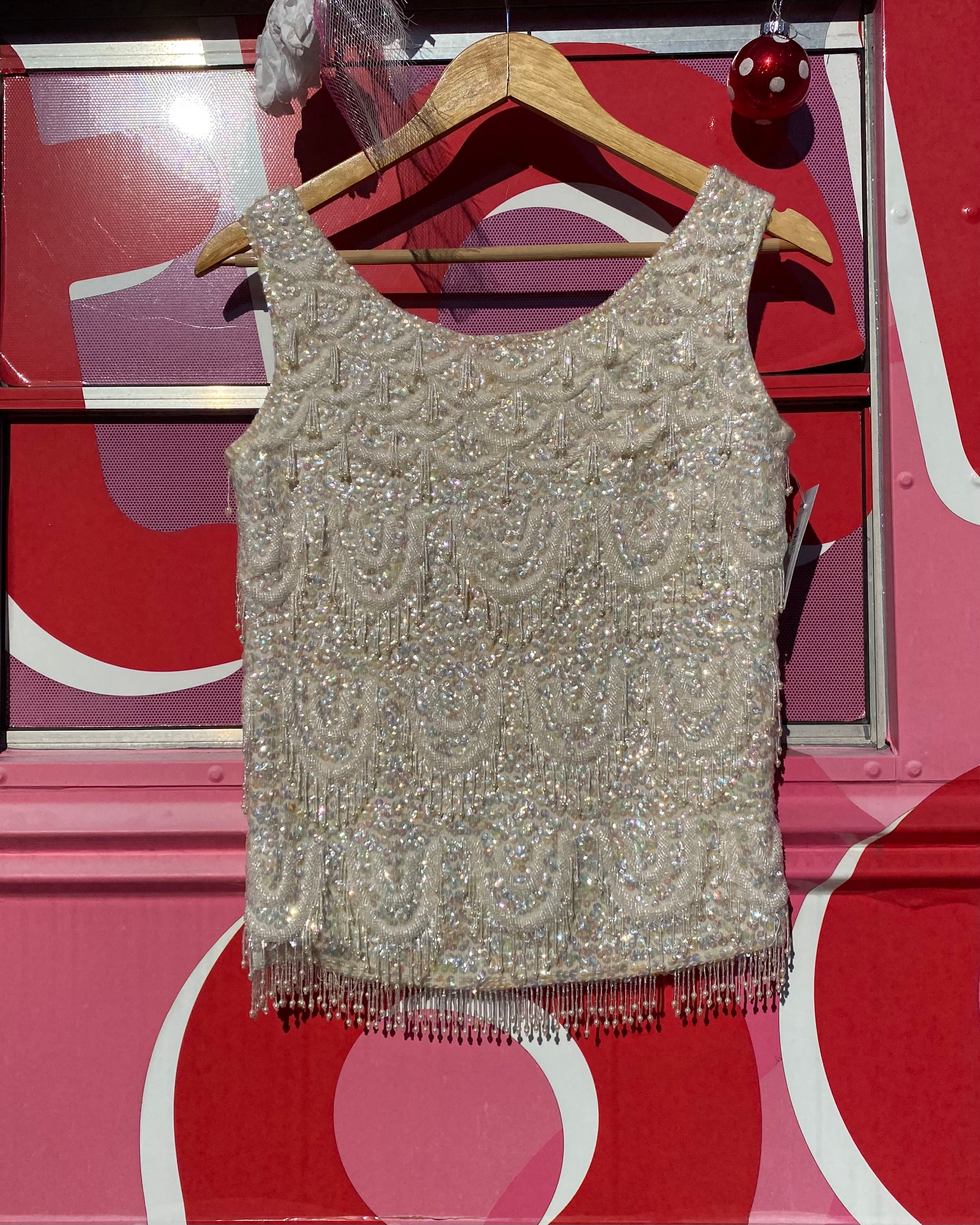 off white jeri jo vtg deco fringe bedazzle sequin tank, 34
