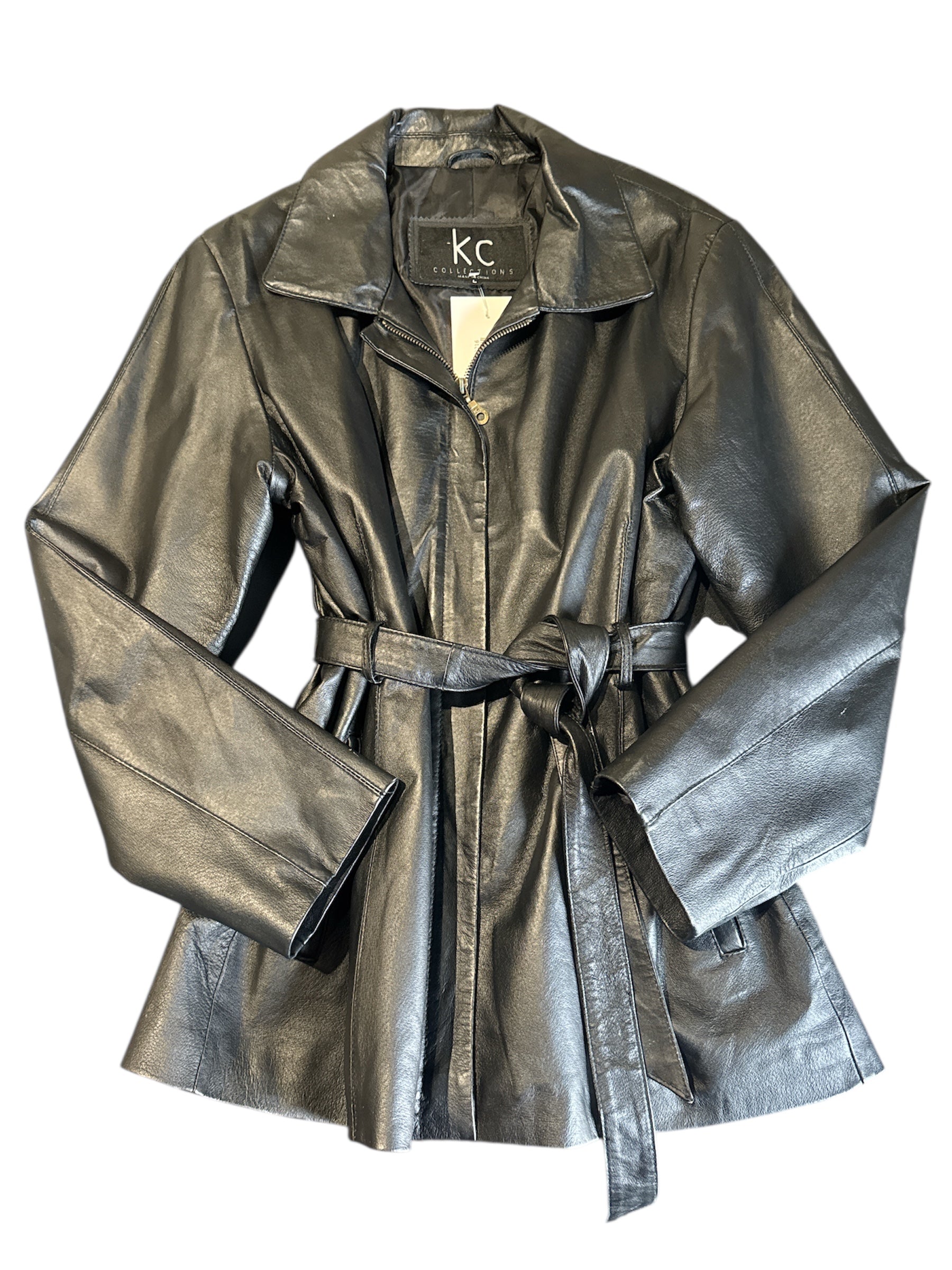 black kc collections vtg zip up leather tie jacket, L