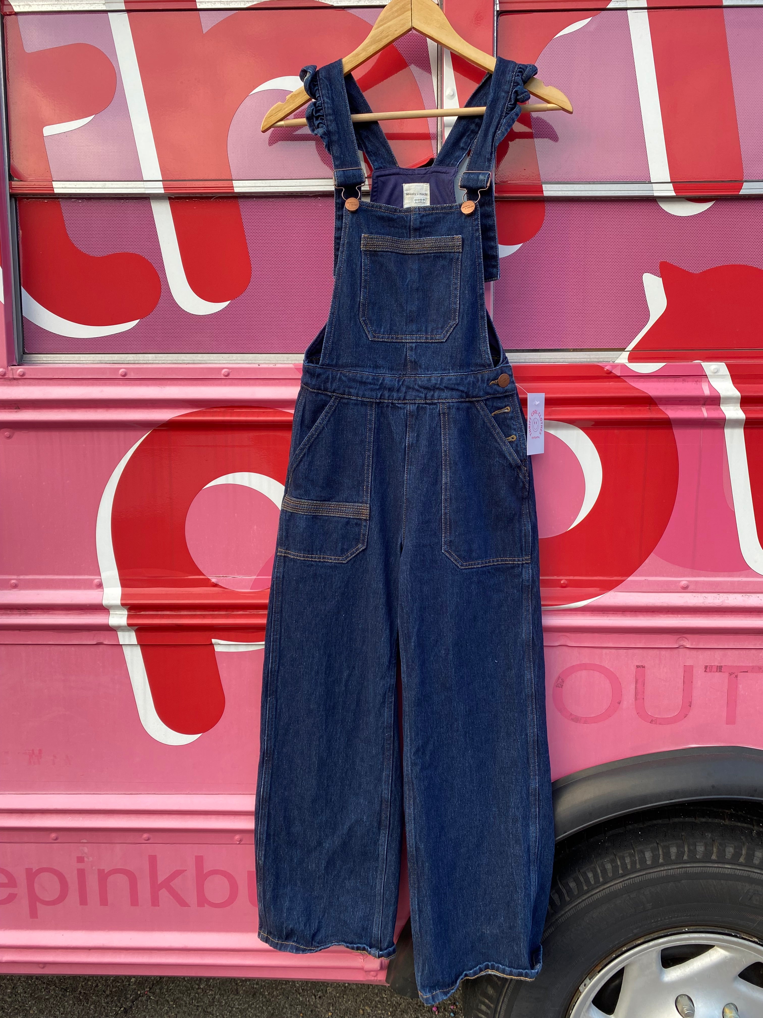 Dark wash Seventy + mochi Ruffle tank overalls, 2