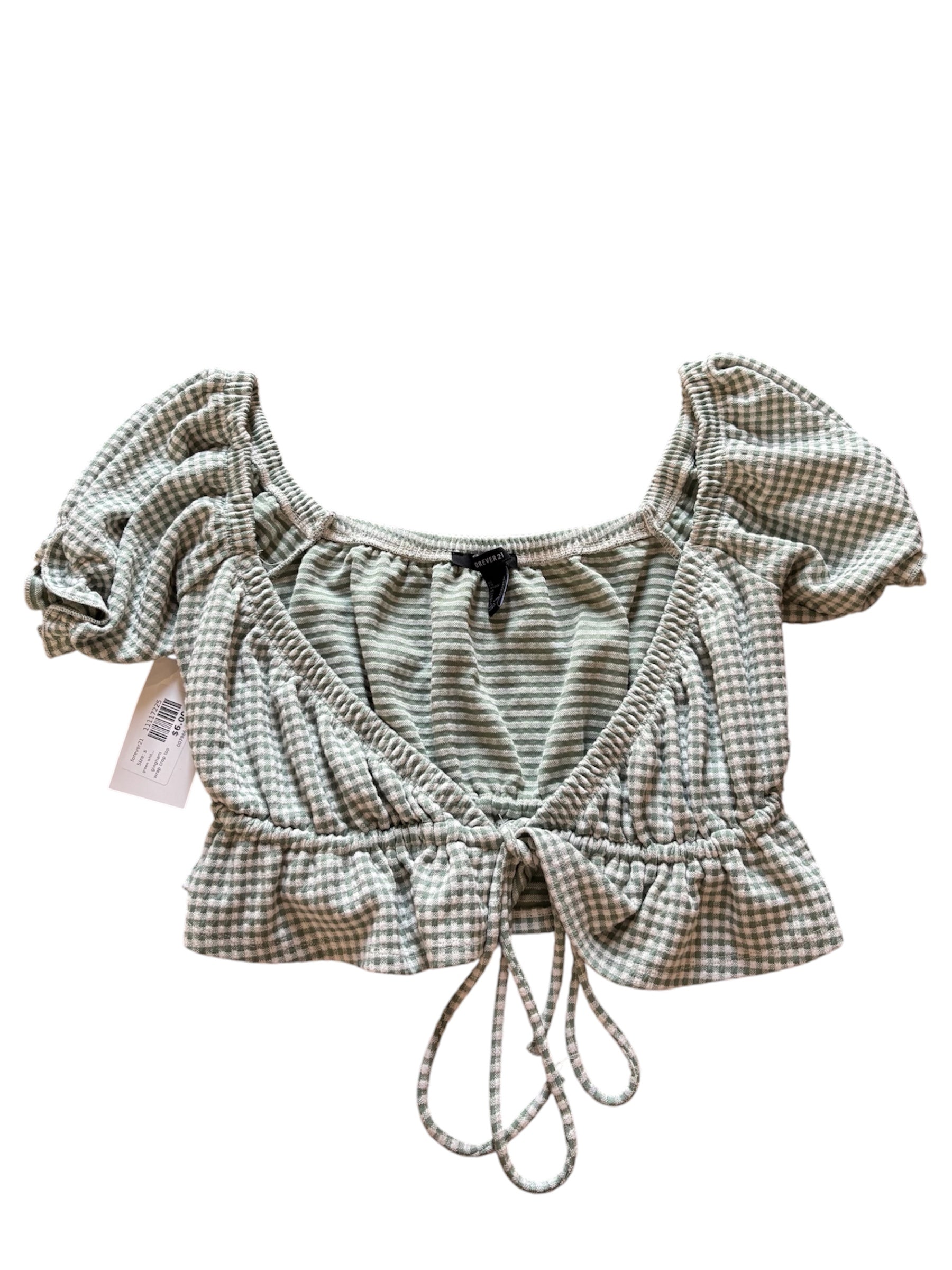 green white forever21 gingham wrap crop top, s