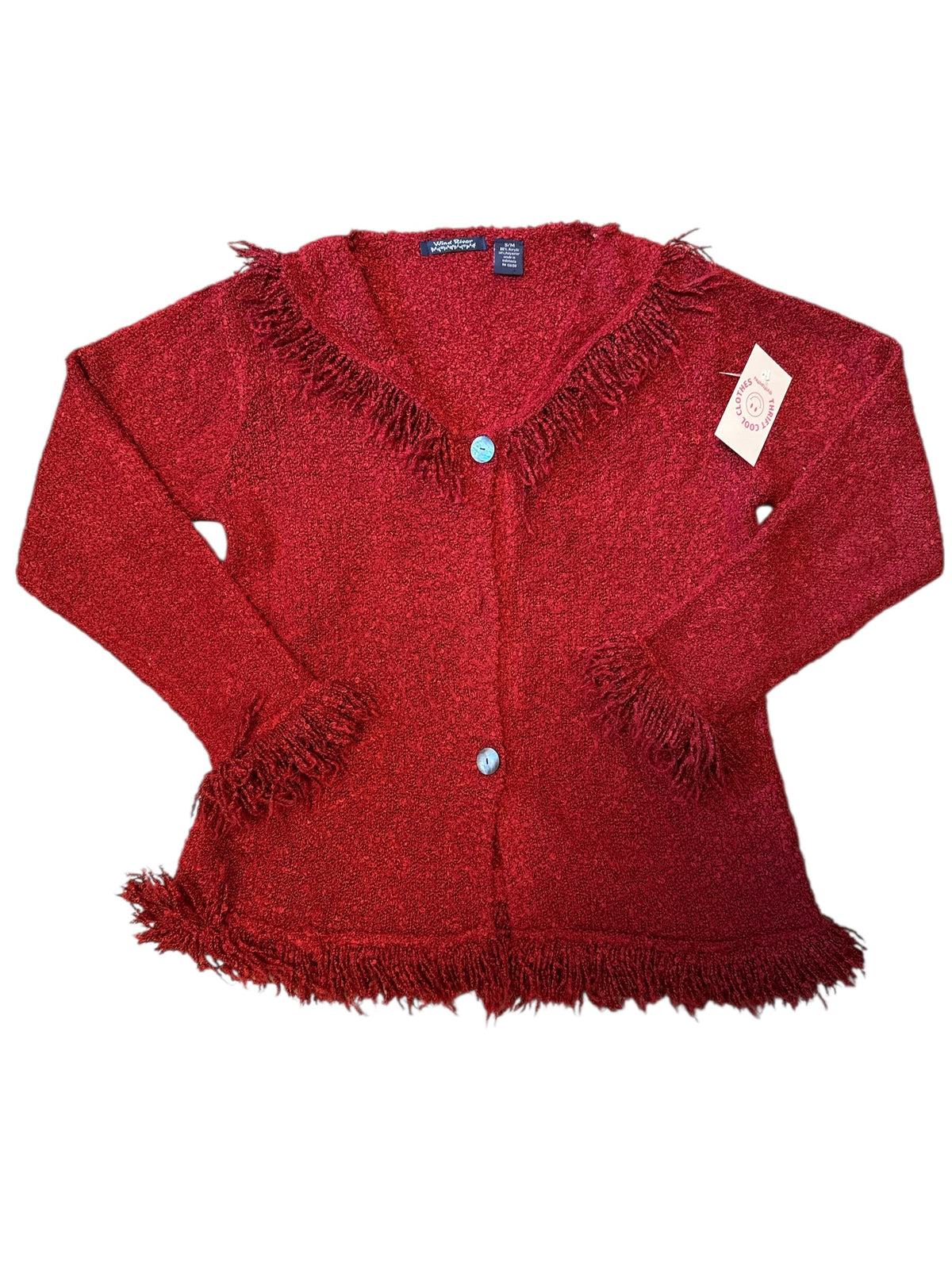 red wind river fringe long cardigan, s/m missing middle button